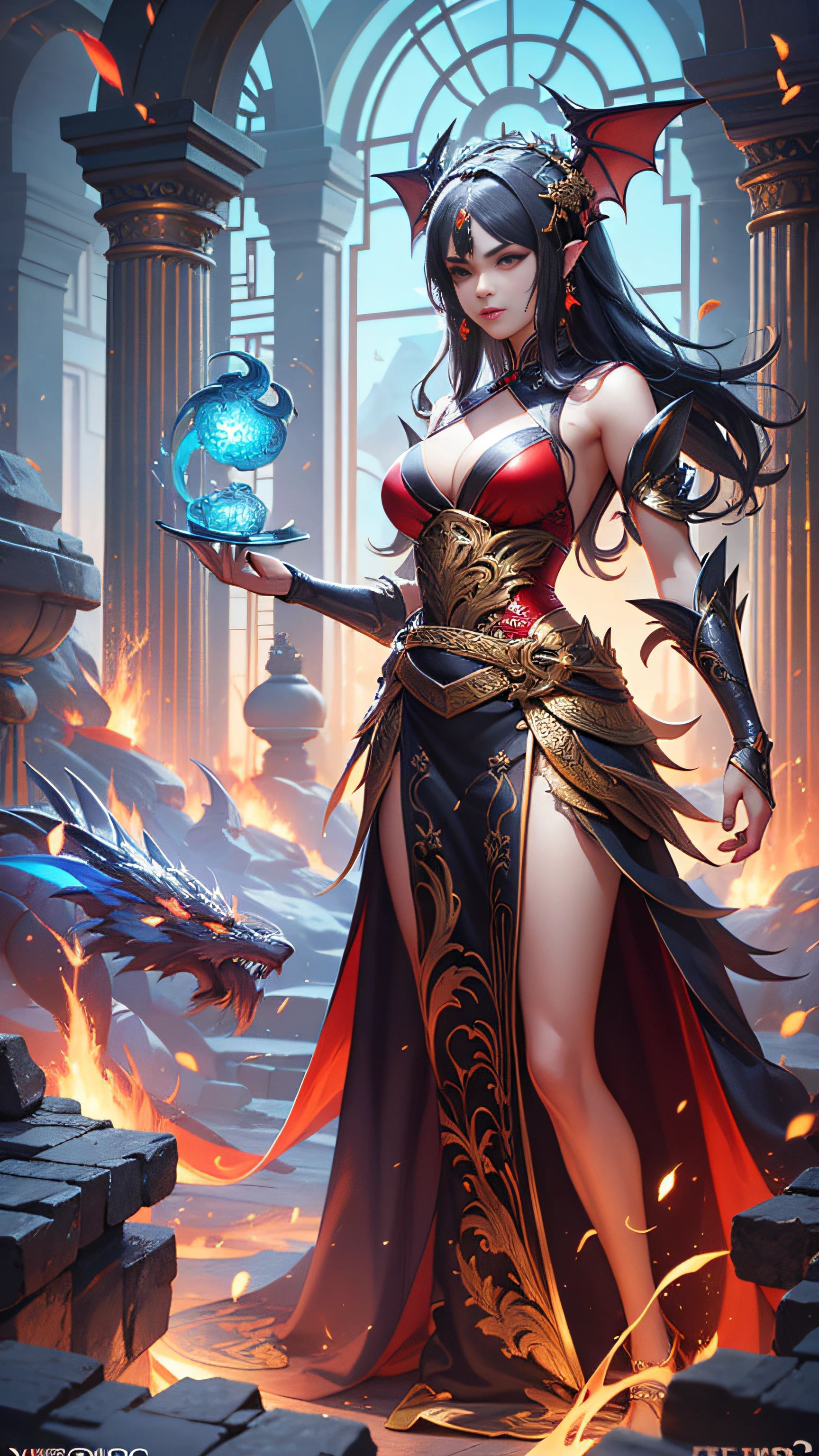 Super beautiful big shining eyes、Woman in red dress standing in front of fire, by Yang J, Dragon Girl, 8k high quality detailed art, digital fantasy art ), Trending on CGSTATION, beautiful elegant demon queen, Fantasy Art Style, 2. 5 d cgi anime fantasy artwork, chinese fantasy, epic fantasy art style hd, epic exquisite character art, fanart best artstation