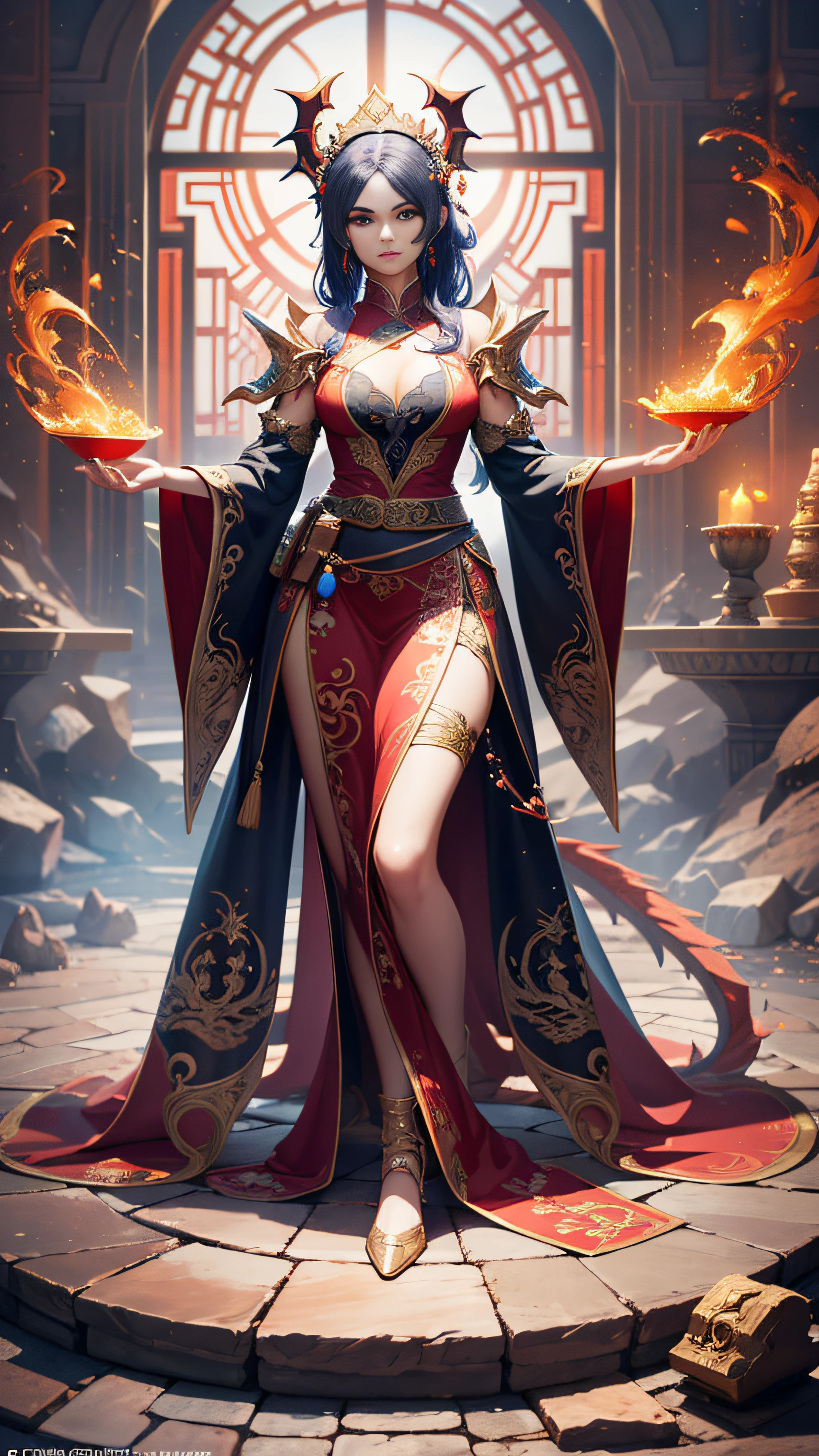 Super beautiful big shining eyes、Woman in red dress standing in front of fire, by Yang J, Dragon Girl, 8k high quality detailed art, digital fantasy art ), Trending on CGSTATION, beautiful elegant demon queen, Fantasy Art Style, 2. 5 d cgi anime fantasy artwork, chinese fantasy, epic fantasy art style hd, epic exquisite character art, fanart best artstation