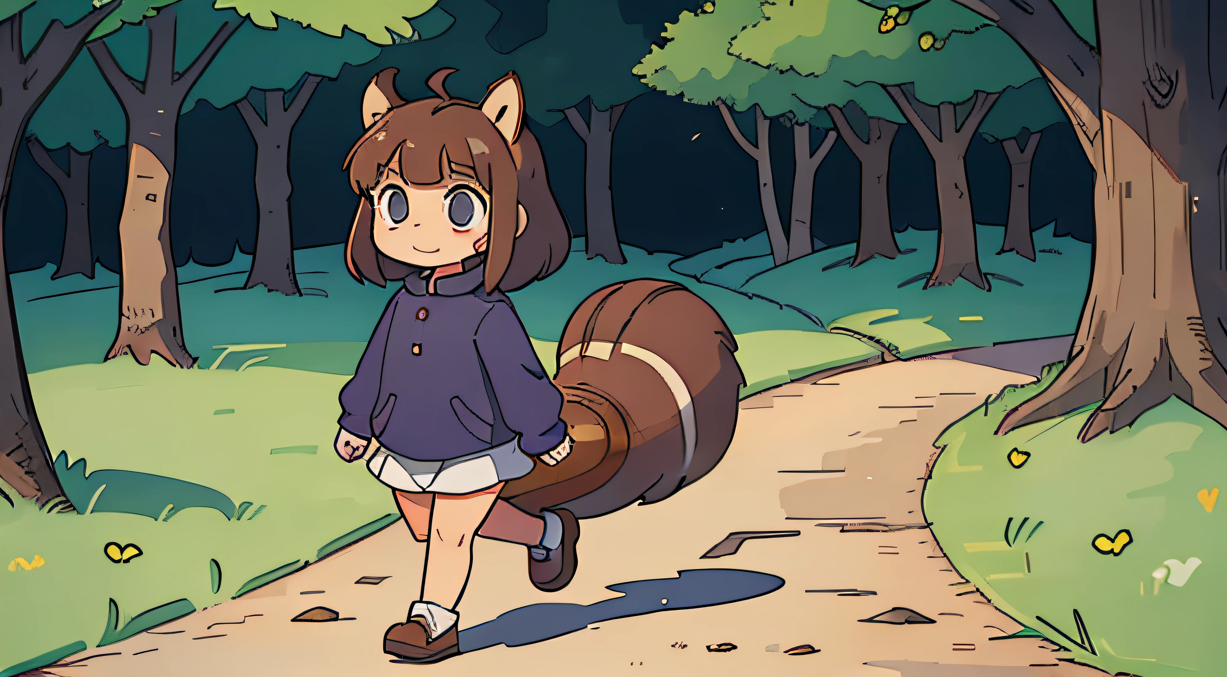 7-year-old girl with human face but squirrel ears and tail, walking