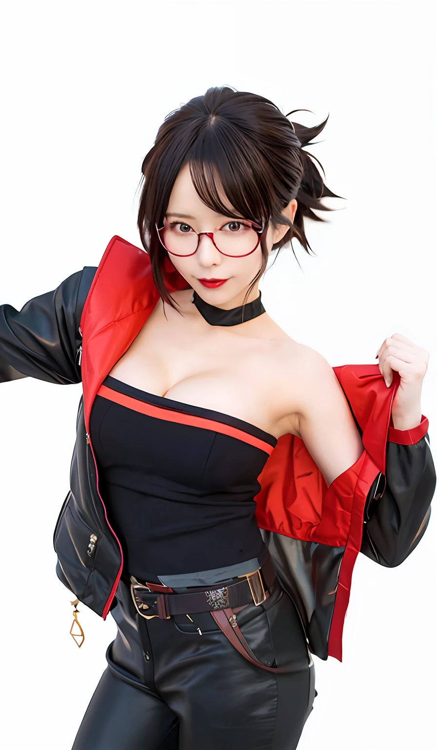 woman in black and red jacket and glasses posing for a picture, anime girl cosplay, ryuko matoi, 2b, 2 b, cosplay, anime cosplay, range murata and artgerm, full-cosplay, seductive tifa lockhart portrait, professional cosplay, v from devil may cry as an elf, rin tohsaka, makoto kano, rin With a rural background in Japan , and the big breasts are so big and the big breasts are so charming