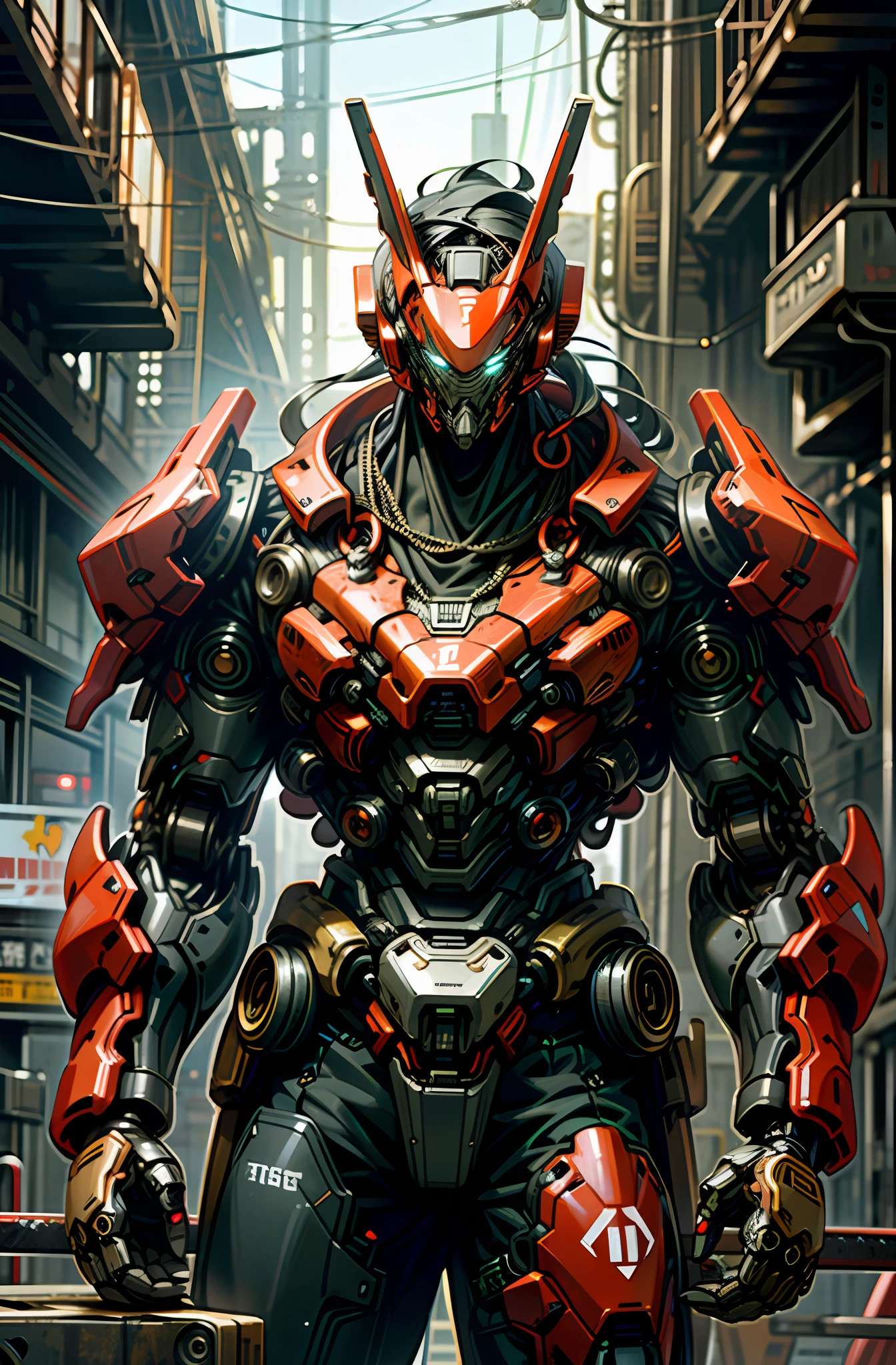Dark_Fantasy,Cyberpunk,(chain saw,chain saw man,Red:1.1),1man,Mechanical marvel,Robotic presence,Cybernetic guardian,wearing a worn-out mech suit，iintricate，（Steel metal[rusted]），ellegance，Clear focus，Photo by Greg Rutkowski，gentlesoftlighting，vivd colour，tmasterpiece，（（the street）），cow boy shot，dynamicposes，Best Picture Quality，Full of details