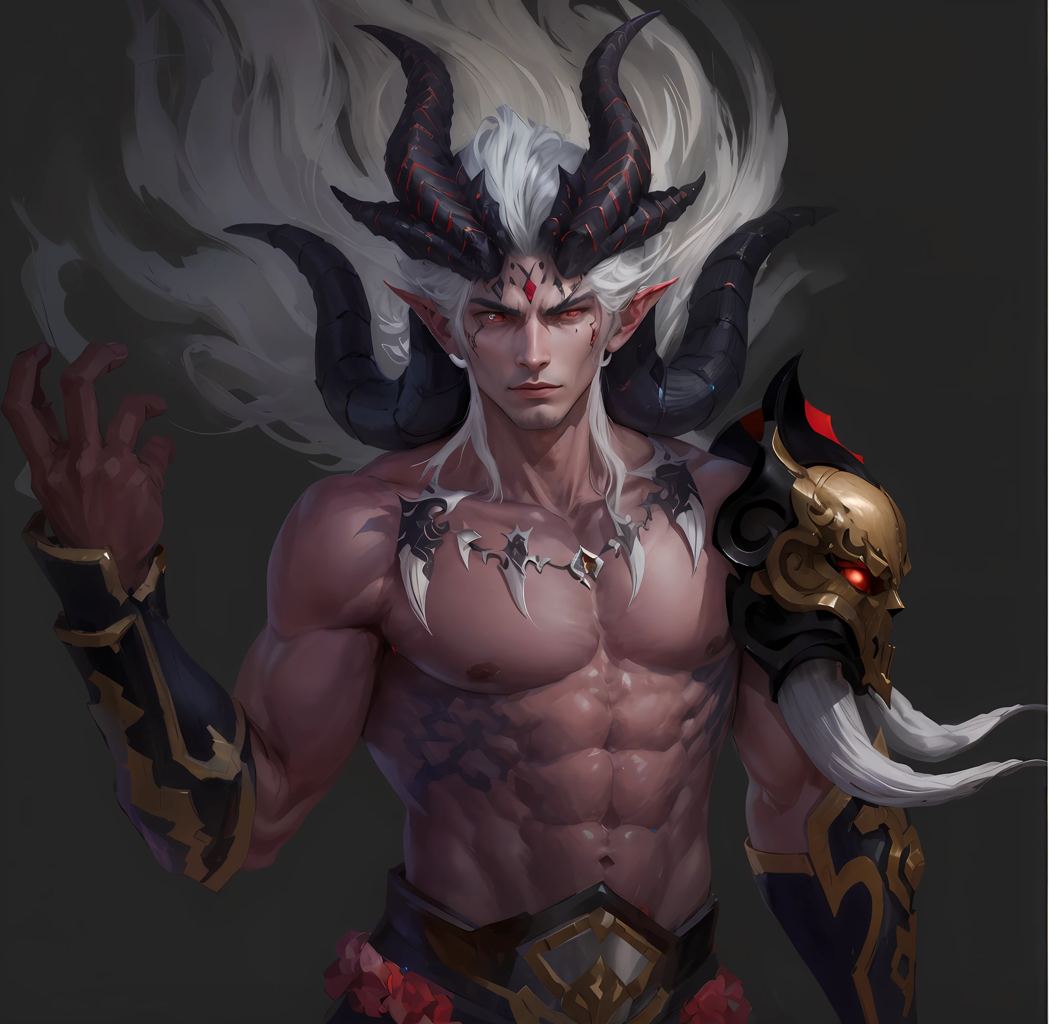 A close-up of a male character with horned head and horns, Suitable for white-haired banshees,Corner of magma material，Heavy beast head and shoulder blades，Magma-eyed animal head and shoulder blades，Bracers， human male demon, djinn man male demon, demon male, male djinn man demon hybrid, demon soul concept art, portrait demon half human, man male demon, demon noble character design, Demon Lord, the former demon king，China-style，White-haired god, painted in the style arcane, Male characters，Delicate belt，China-style，Chinese-style clothing，Refinement，Fine painting，Refinement，infinite details，high definition detail，Patterned，Animal tattoos，Blank background，Bright colors，Metal edging