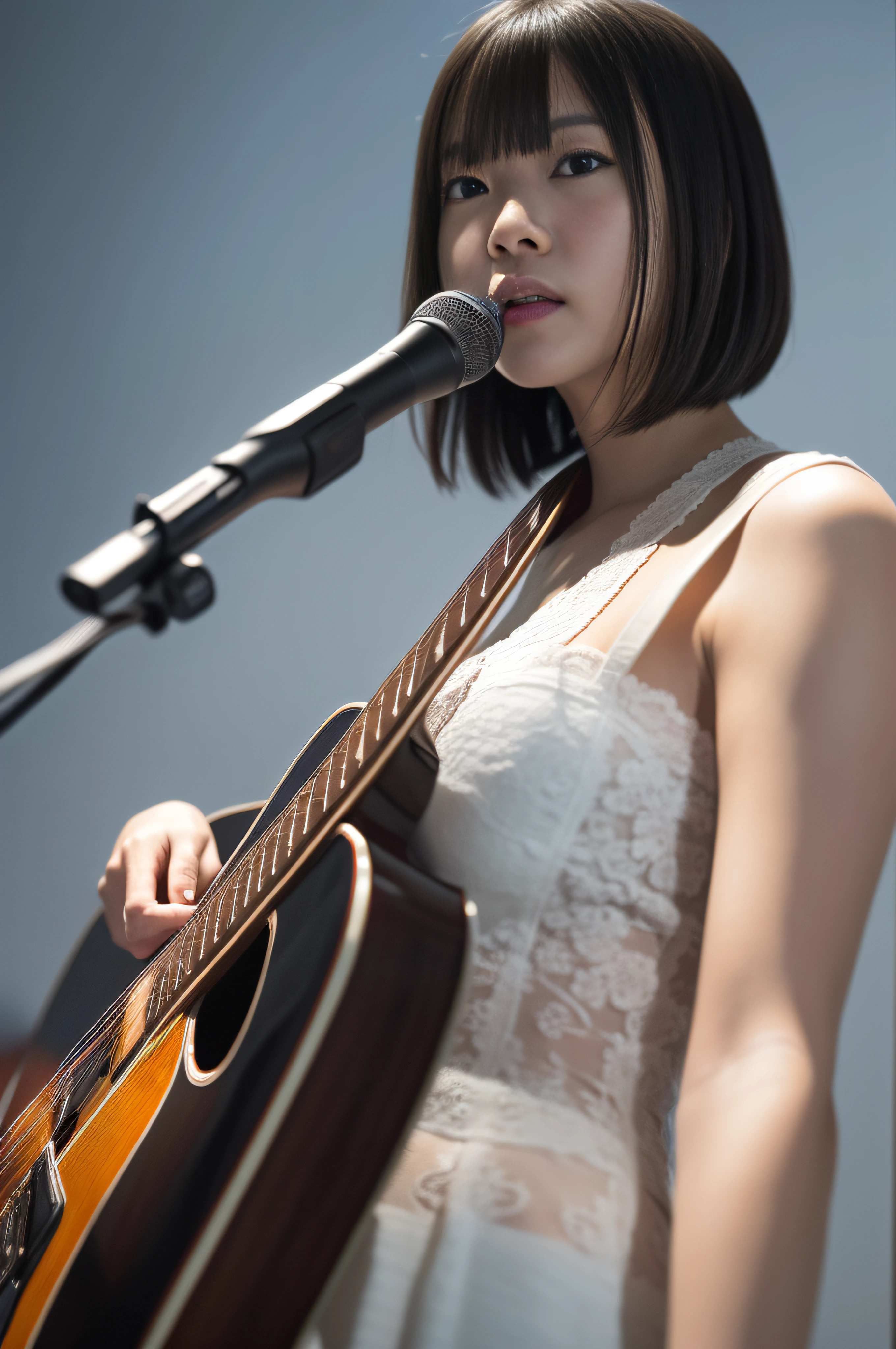 top-quality、​masterpiece、超A high resolution、(Photorealsitic:1.4)、Raw photo、1girl in, bob cuts, Big beautiful eyes, electric guitars, solofocus, (depth of fields, Ambient lighting, Blurred foreground, blurry backround:1.3), Atmosphere, Light flare, intricate detailes, enhanced lighting、Two arms