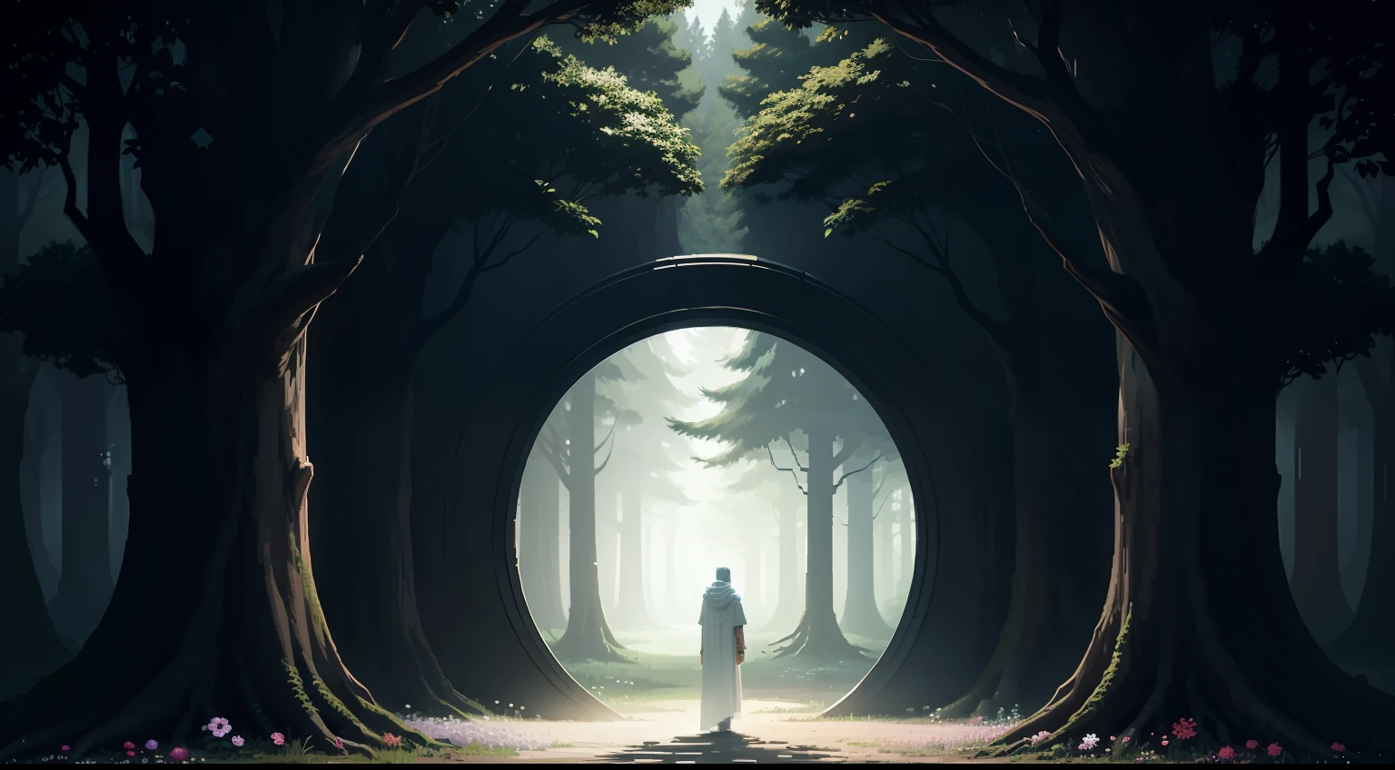 woods, 2D, Pixel art, Round portal, A man standing in the middle with a knife, Big Trees, Many flowers and plants, white man, dark vibes, White cloth, Opaque portals,