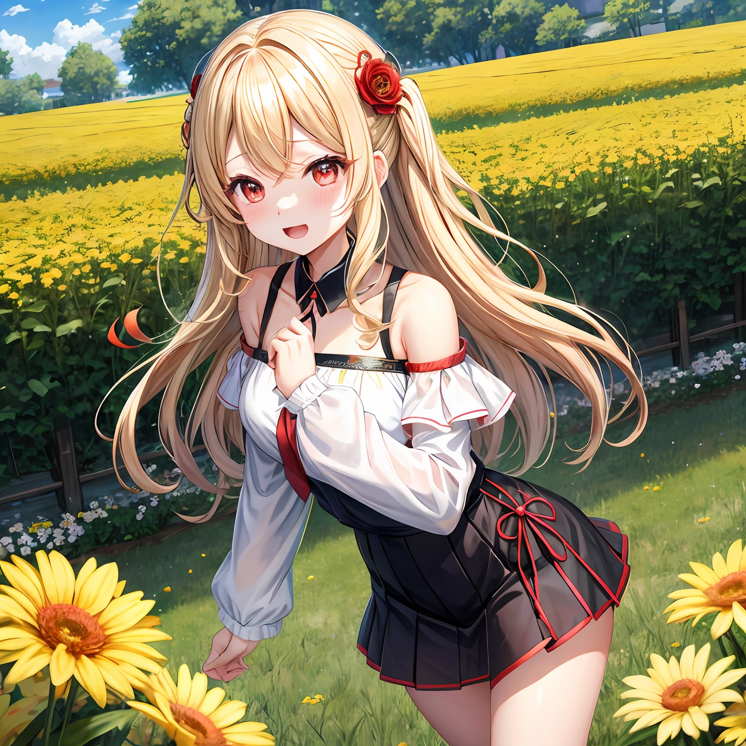 Wavy blonde、red eyes、One pretty girl、独奏、animesque、off shoulders、a miniskirt、flower field