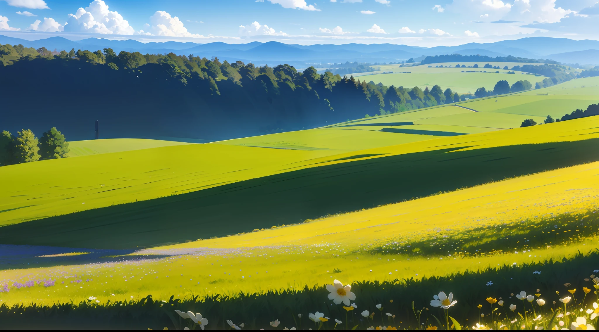 Panorama with field meadow with spring flowers blooming against blue sky in summer, vivid, Epic composition, lifelike lighting, detalhes HD, obra-prima, melhor qualidade, (muito detalhado CG unificado papel de parede 8k)
