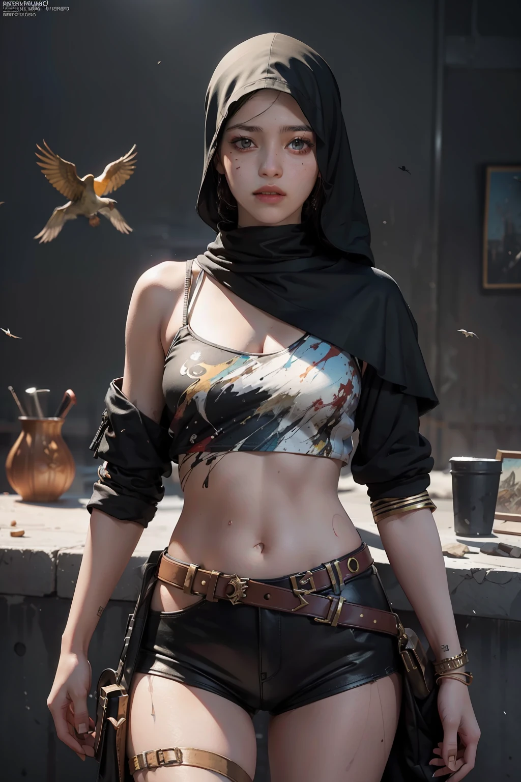 1girl, dynamic angle, splash art, art by Jackson Pollock, octane render, birds-eye-view shot of a Honorable Murano midweight Hassan Diab, Cel shaded, Gel lighting, contest winner, official art, unity 8k wallpaper, ultra detailed, aesthetic, masterpiece, best quality, photorealistic