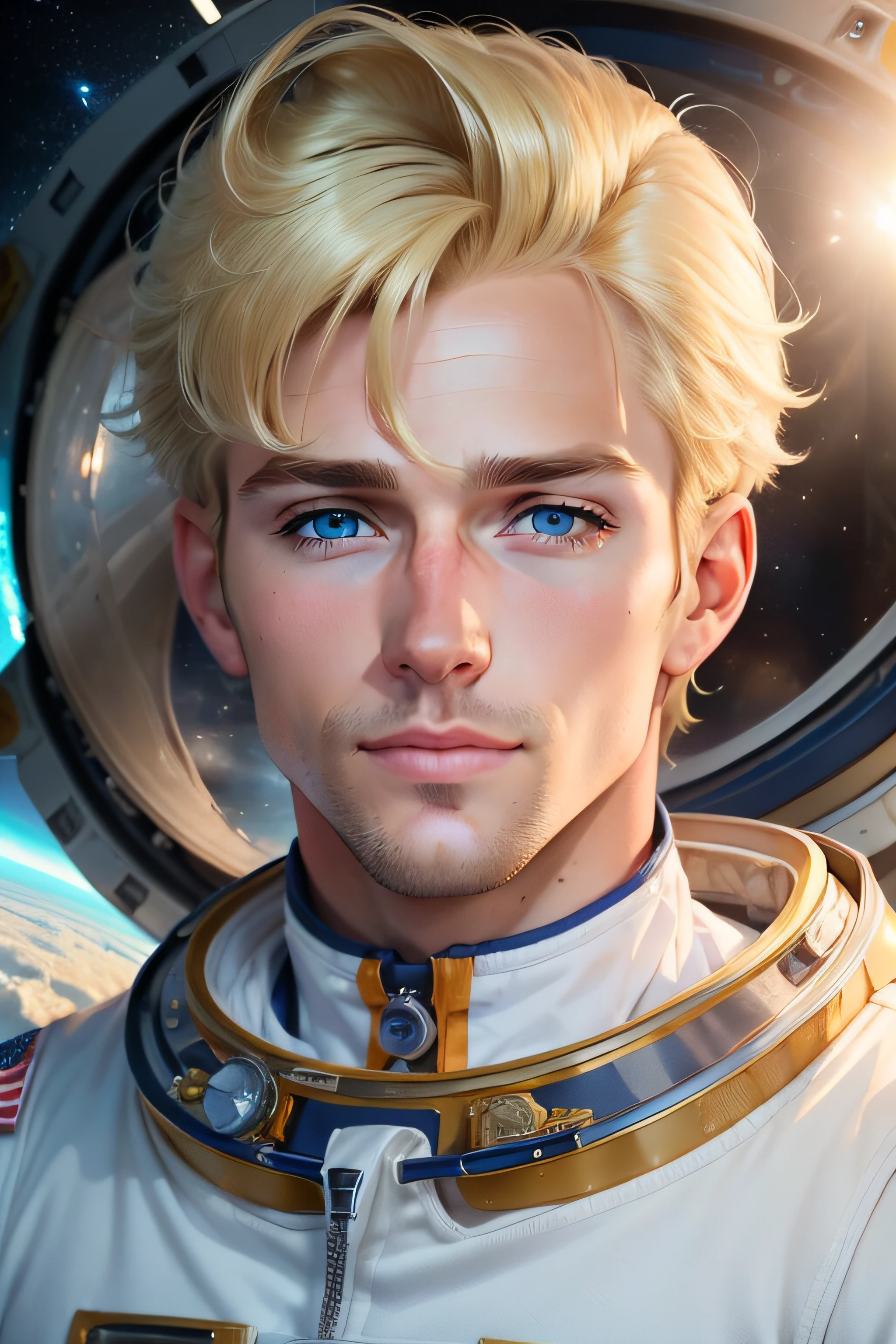high quality, 1man, (((handsome blonde american Ken as an astronaut dilf))), (((blue eyes))) (((no facial hair)))