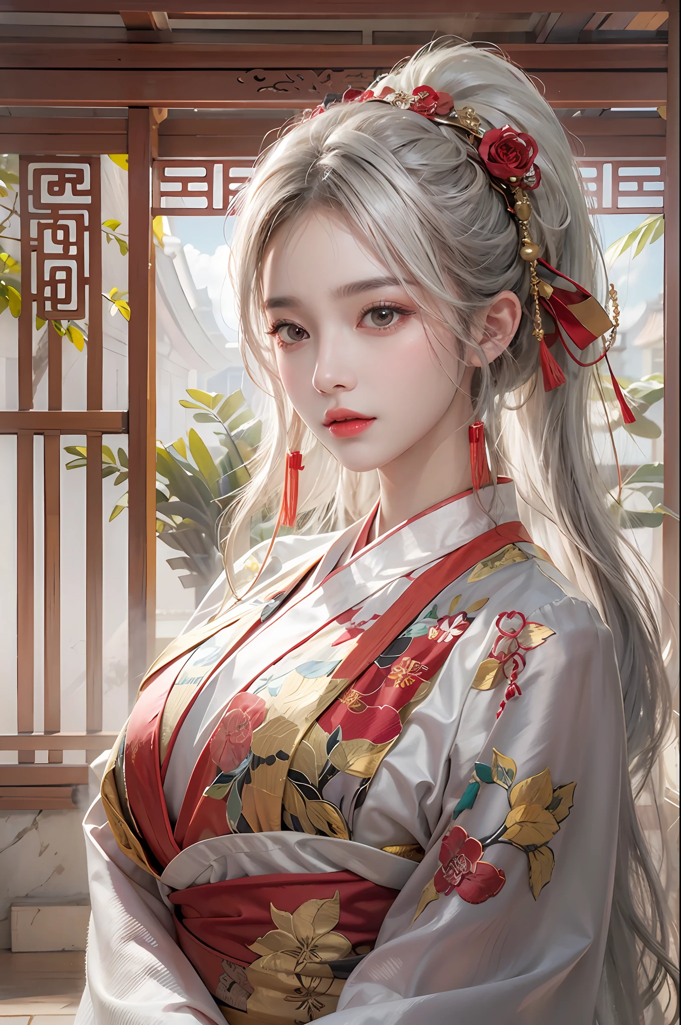 photorealistic, high resolution, soft lights, 1women, shiny skin, finely detailed skin, solo, hips up, look at viewer, (detailed face), white hair, long hair, red chinese wedding hanfu