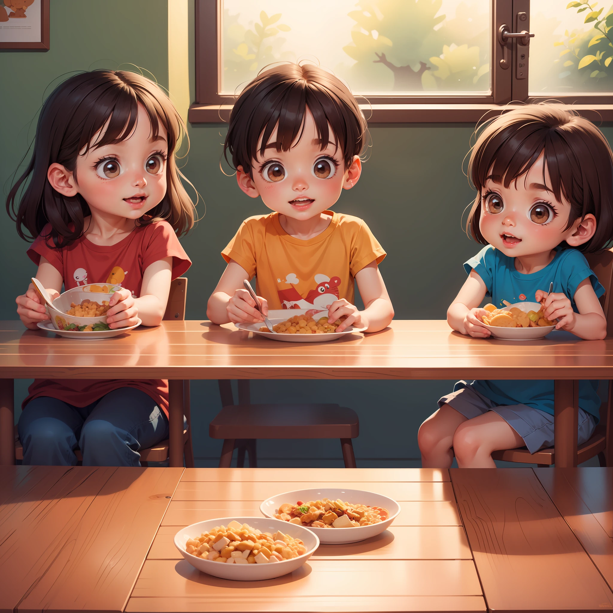 Two children eating together at the table,  Flat cartoon illustration, cereal , cartoon illustration, illustration of children's book,  detailed 2d illustration, commercial illustration,  illustration of children's book, full-colour illustration, 2d illustration