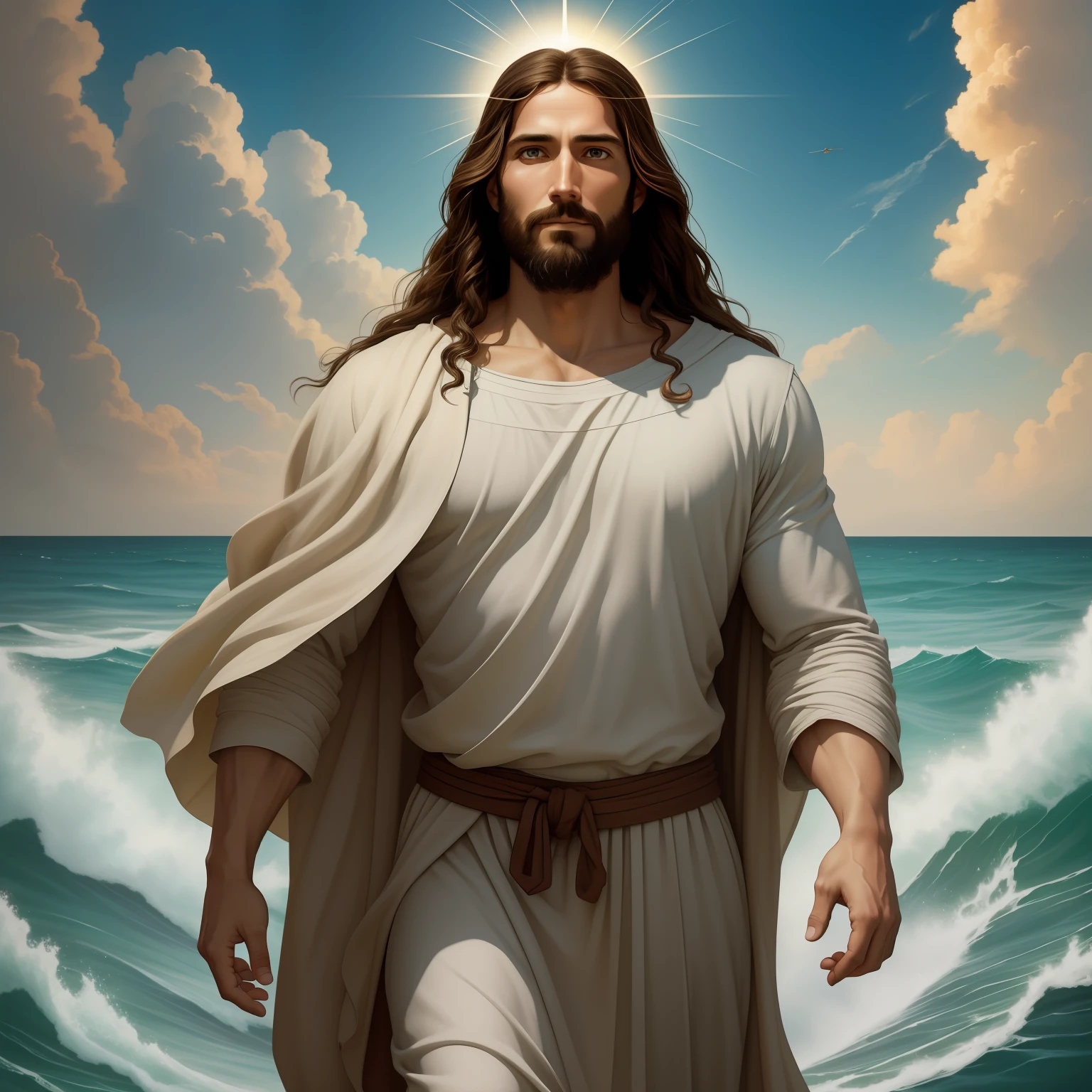 A beautiful ultra-thin realistic portrait of Jesus, the prophet, a man 35 years old Hebrew brunette, short brown hair, long brown beard, with, Helping People , wearing long linen tunic closed on the chest part, in front view, full body, biblical, realistic,by Diego Velázquez,Peter Paul Rubens,Rembrandt,Alex Ross,8k, Concept Art, PhotoRealistic, Realistic, Illustration, Oil Painting, Surrealism, HyperRealistic, helping people , Digital art, style, watercolorReal Jesus flying on sky with a flying cloud in the background, Jesus walking on water, biblical illustration, epic biblical representation, forcing him to flee, coming out of the ocean, ! holding in hand!, disembarking, god of the ocean, beautiful representation, 8k 3D Model, realistic,
a 3D Realistic of jesus with a halo in the sky, jesus christ, smiling in heaven, portrait of jesus christ, jesus face, 35 young almighty god, portrait of a heavenly god, greg olsen, gigachad jesus, jesus of nazareth, jesus, the face of god, god looking at me, he is greeting you warmly, he is happy, avatar image
