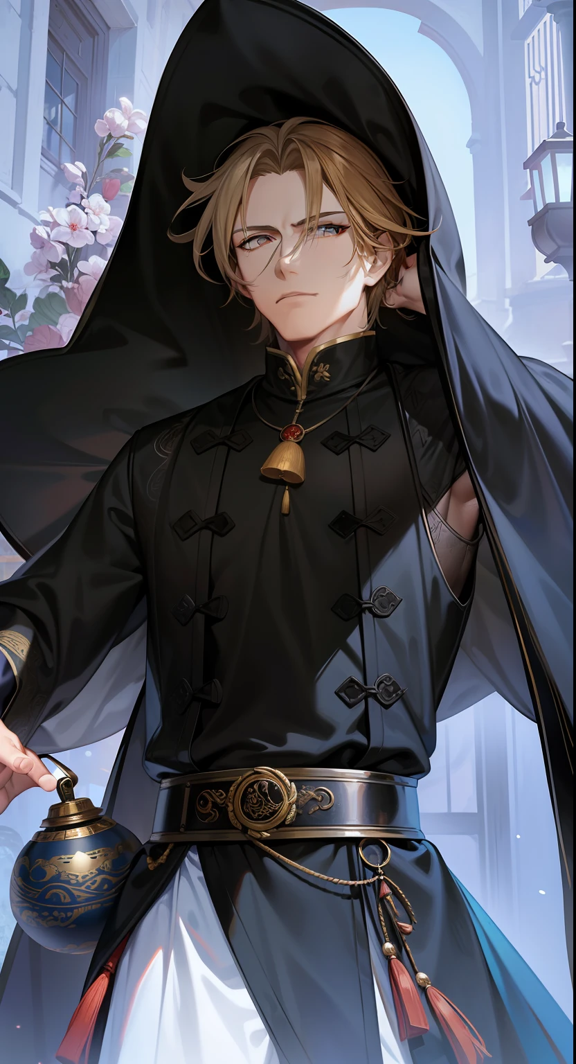 Antique man,Handsome and handsome,Look down,Taoist robes,Quaint belt,gourds,cabelos preto e longos,Cinnabar mole,male people