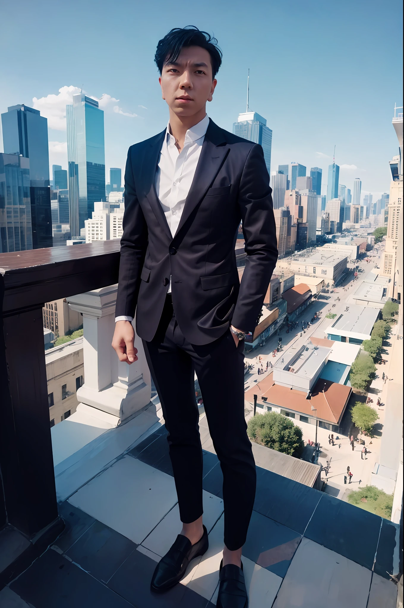 "A confident man standing tall amidst a bustling cityscape, with a hint of mystery in his captivating gaze."