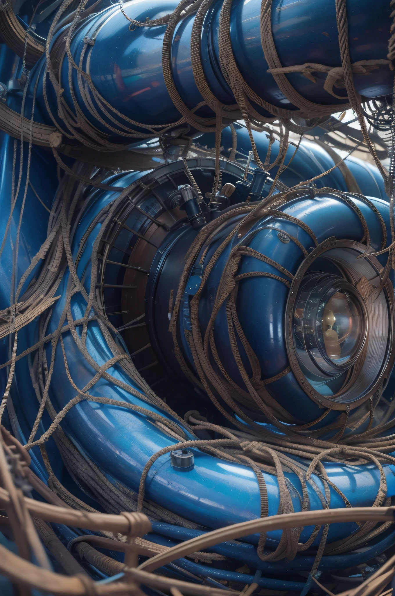 a heavily distorted, barren void with low bounce light, multiple warped objects comprised of contorted feathers/machinery/pipes/rusted components is floating in the air, steel strings weaving between objects, bright indigo colored plastic tubes, extra detail, 4kHD details, best resolution, surrealistic composition, extreme camera angle, motion blur, depth of field, foreshortening, tilted camera angle, cinematic lighting, movie scene, precise details, intense details, panoramic image, fish eye lens view