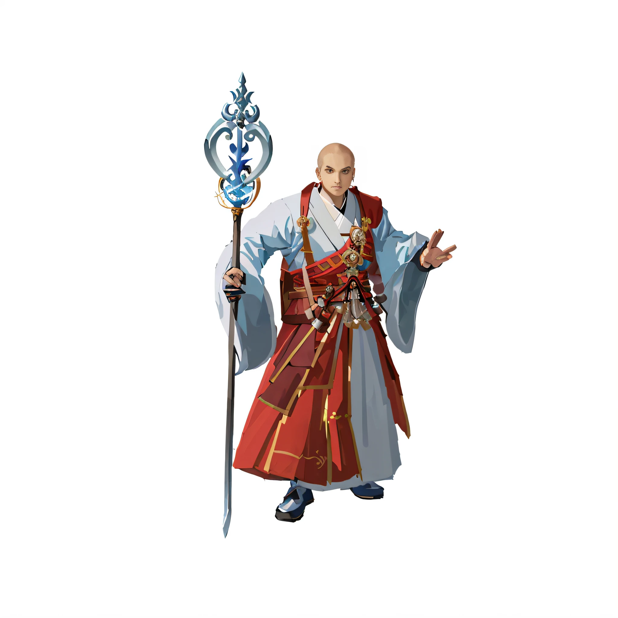 Close-up of cartoon character with staff and sword, picture of a male cleric, Taoist, concept art of a monk, cleric, t-pose of wizard, t-pose of male magic wizard, full body picture of a male monk, male wizard, monk, old male archmage, ancient japanese monk, wearing a long flowing robe