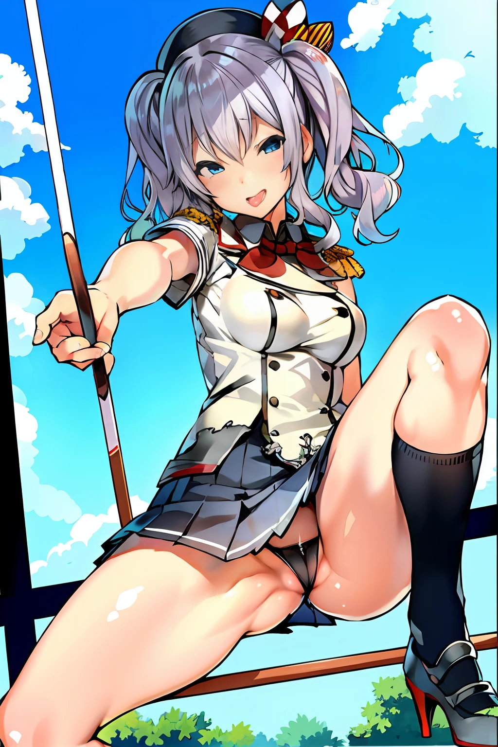 1girl in、独奏、masterpiece、top-quality、Kashima OG、kashima\(kancolle\)、white hair、blue eyess、hair wavy、Twin-tailed、tsurime eyes、beret、A smile、embarrassed from、red blush、Colossal tits、Black enamel、Bodysuits、highleg、Black High Socks、Brown loafers、Squat on the floor、Open your crotch wide from side to side、Opening legs、Show your crotch to the camera、stares at the camera、ship deck、with blue sky and white clouds、((Open your mouth wide))、((With a transparent rod like male genitalia:1.2))、((Stick out your tongue and lick a transparent rod like male genitalia:1.2))、