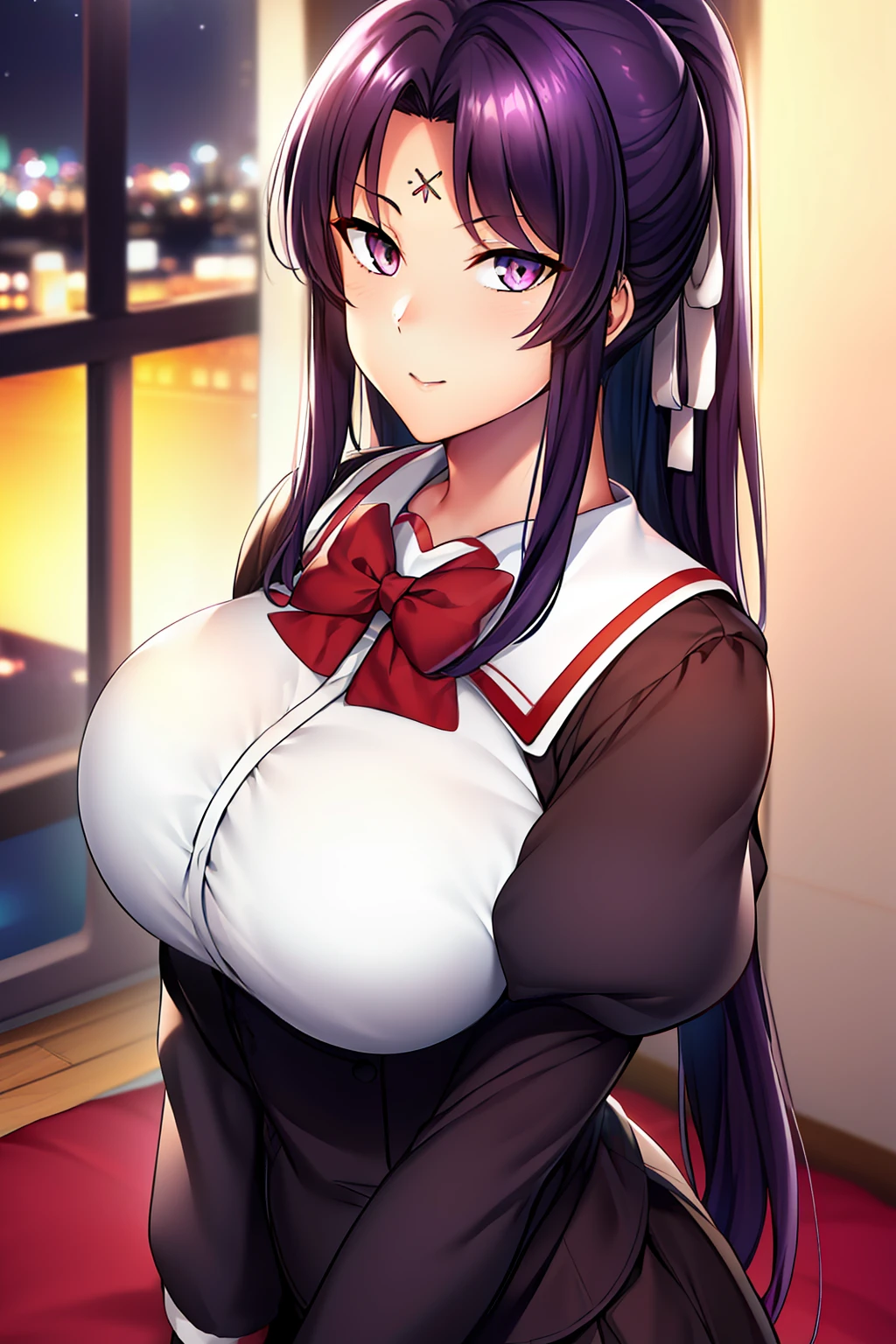 (Night:1.7), Japan, Tokyo, CityView, Before Window,
Standing at attention,
Black_jacket,white shirt, Black_Skirt,sailor outfit,red bowtie,puffy sleeves,long sleeves, 
jewelry,
purple eyes, purple hair,Bangs, ponytail,long hair, 
1 girl, 24yo,mature female,Beautiful Finger,Beautiful long legs,Beautiful body,Beautiful Nose,Beautiful character design, perfect eyes, perfect face,
looking at viewer,girl in the center of the image,
NSFW,official art,extremely detailed CG unity 8k wallpaper, perfect lighting,Colorful, Bright_Front_face_Lighting,
(masterpiece:1.0),(best_quality:1.0), ultra high res,4K,ultra-detailed,
photography, 8K, HDR, highres, absurdres:1.2, Kodak portra 400, film grain, blurry background, bokeh:1.2, lens flare, (vibrant_color:1.2)
(Beautiful,Large_Breasts:1.2), (beautiful_face:1.5),(narrow_waist),