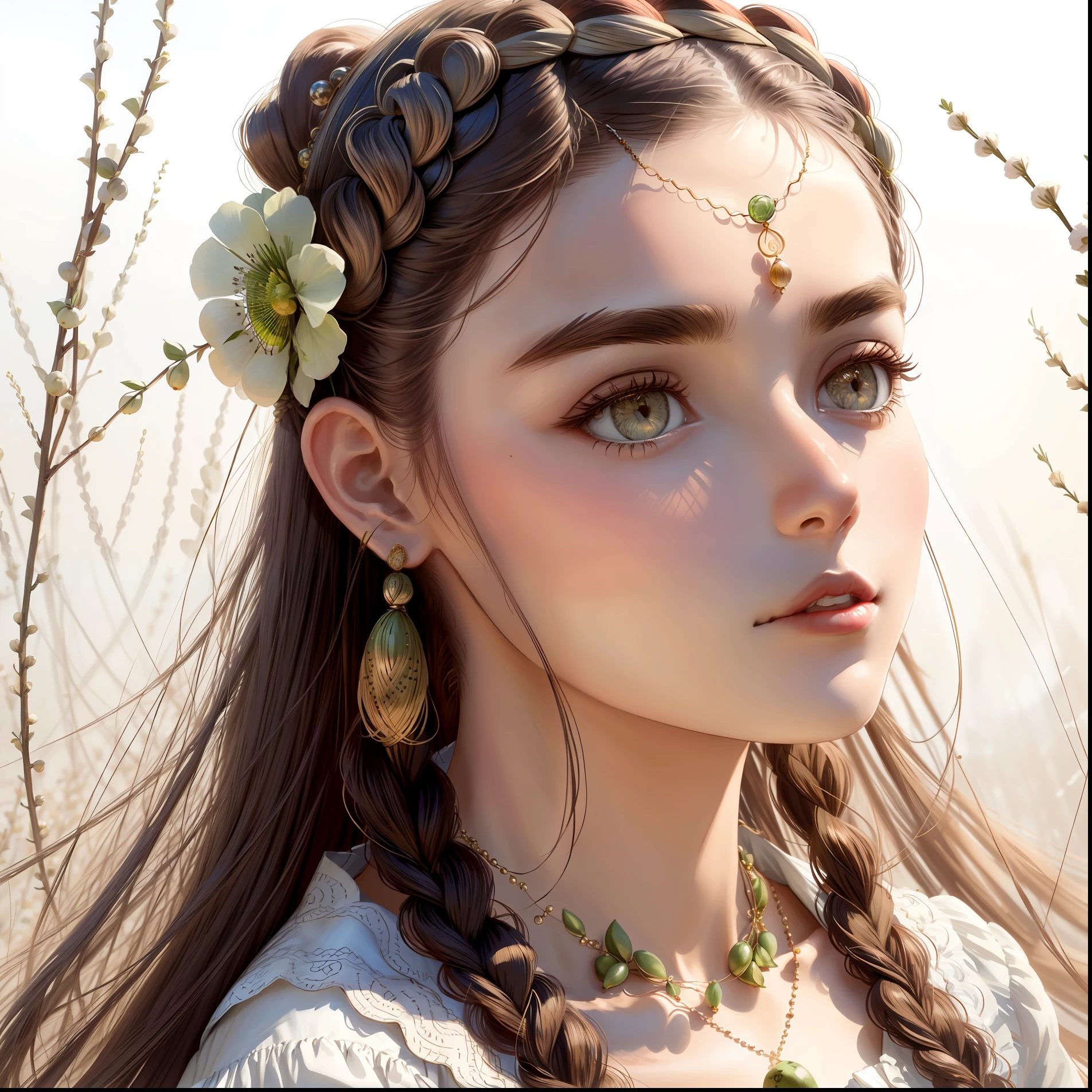 Beautuful Women，head portrait，Coiled hair，Hair accessory chains，Melon seed face，Willow eyebrows，largeeyes，sketching