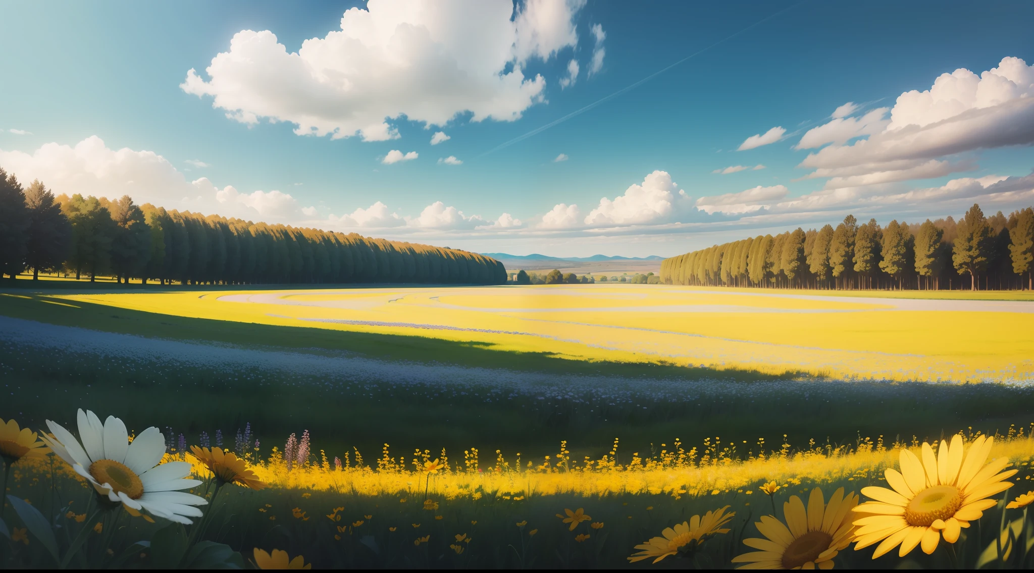 Panorama with field meadow with spring flowers blooming against blue sky in summer, Vivid, ((Muitas margaridas brancas)), Epic composition, lifelike lighting, detalhes HD, obra-prima, melhor qualidade, (muito detalhado CG unificado papel de parede 8k)