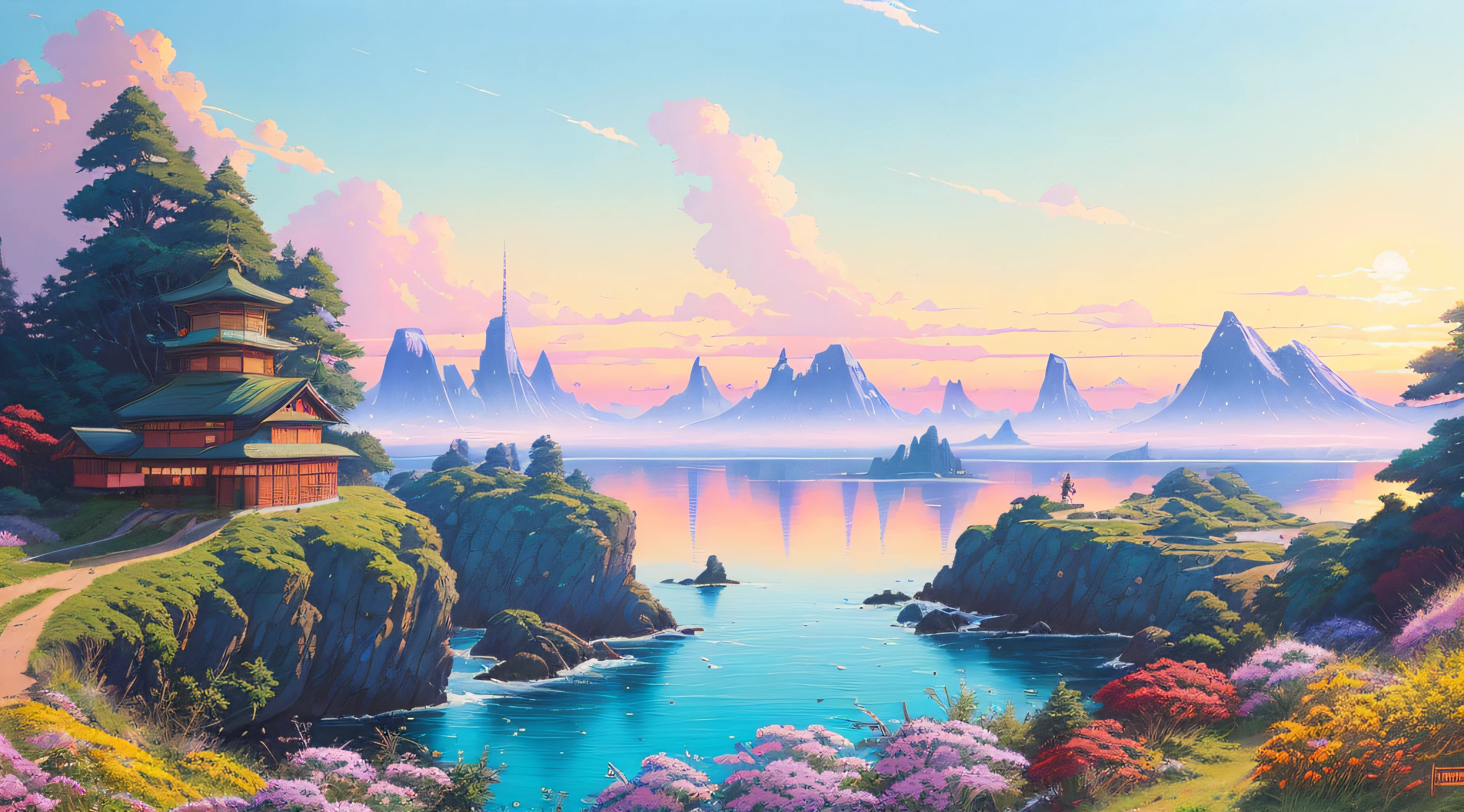 Realistic, real life, beautiful Stunning landscape oil painting with background by greg rutkowski, style of laurie greasley, studio ghibli, akira toriyama, james gilleard, genshin impact, trending pixiv fanbox, acrylic palette knife, 4k, (vibrant colors), (highly saturated), devinart, trending on artstation