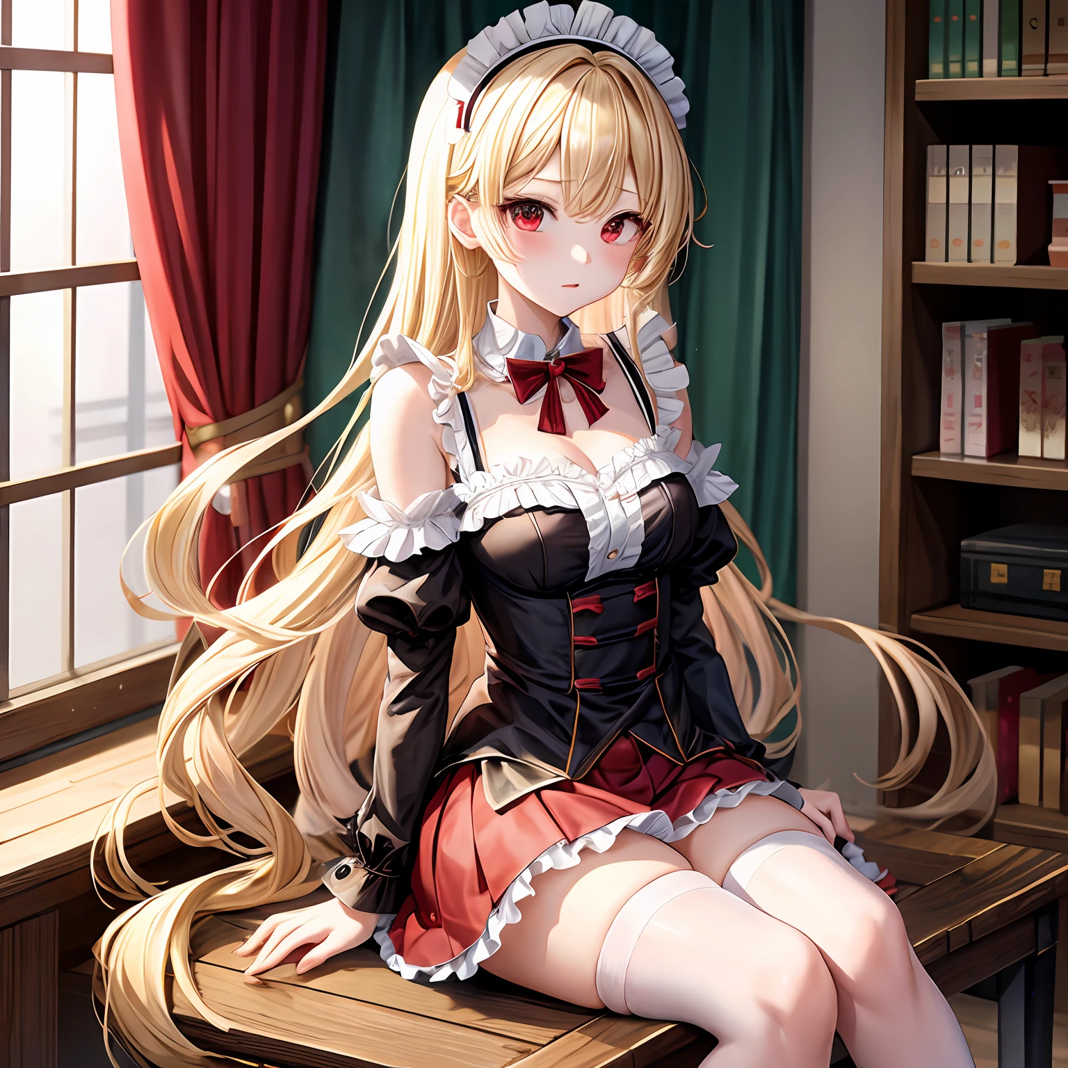 a blond、red eyes、One pretty girl、独奏、animesque、maid clothes、off shoulders、a miniskirt、A sexy、sitting on