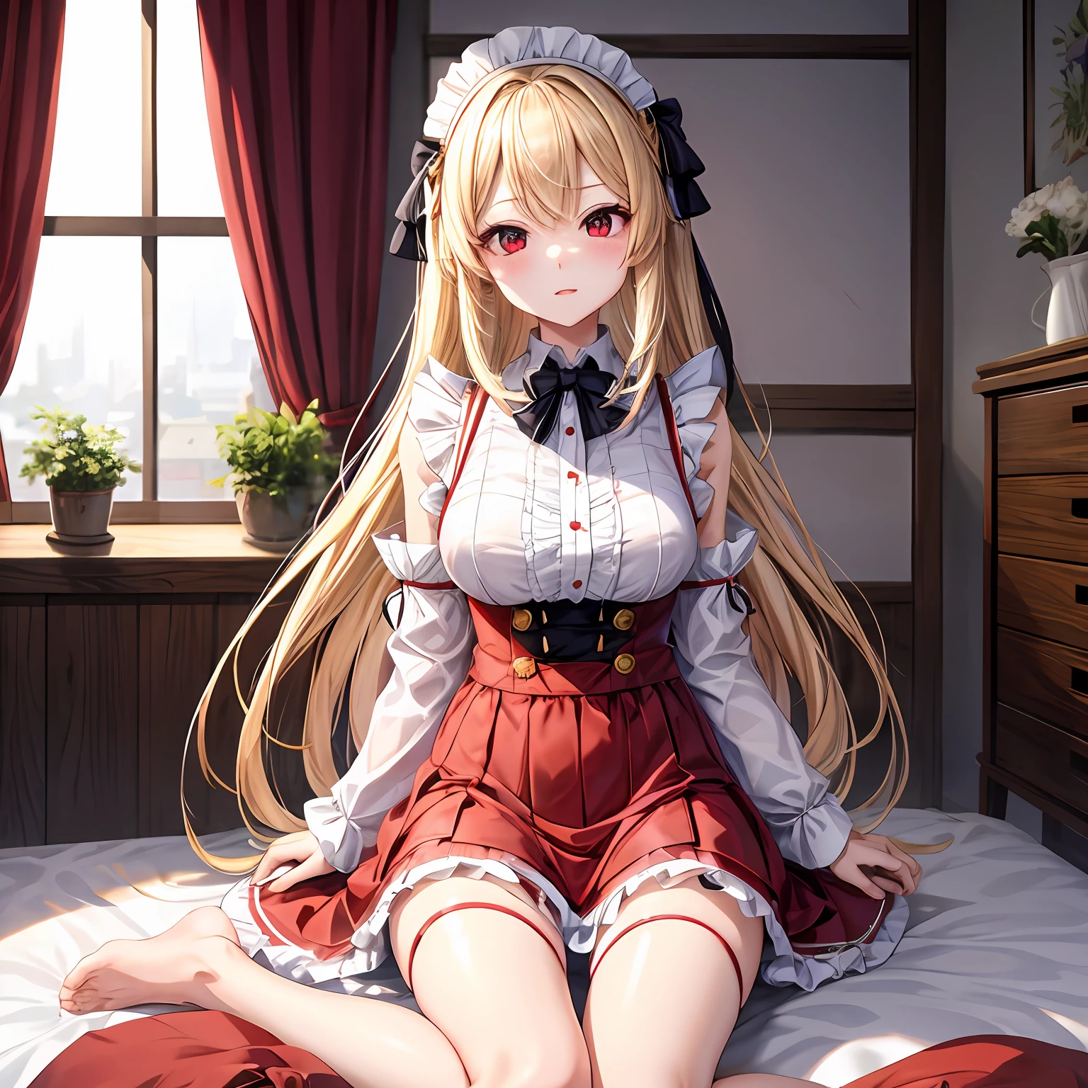 a blond、red eyes、One pretty girl、独奏、animesque、maid clothes、off shoulders、a miniskirt、A sexy、sitting on