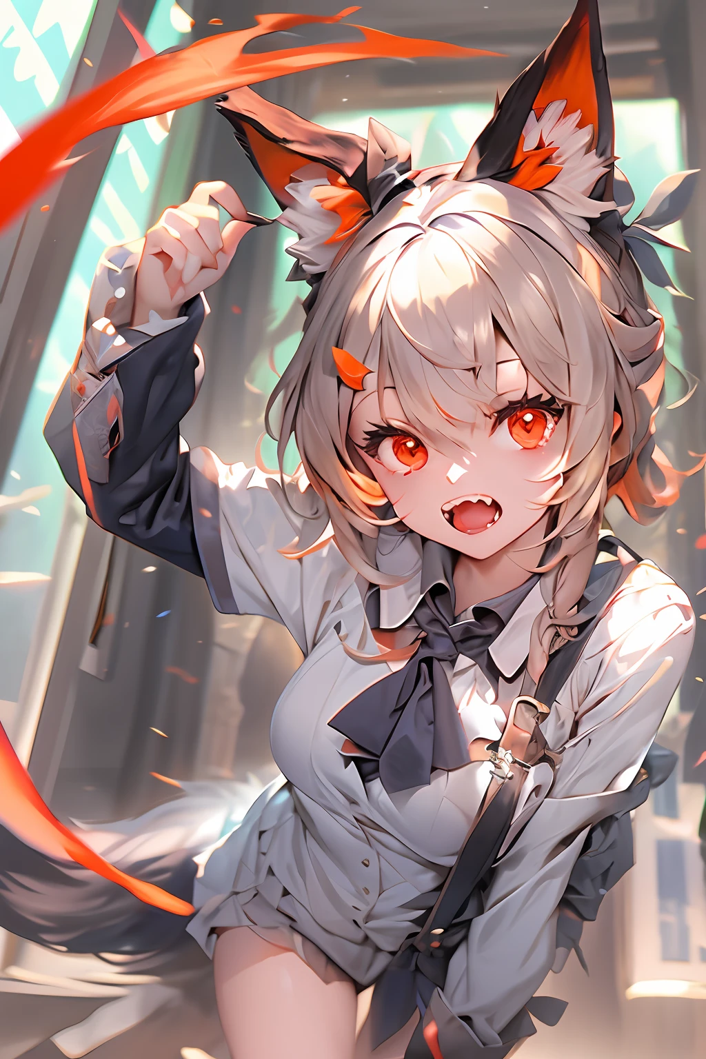 (masterpiece), (best quality), 1girl, perfect body, girl with fox ears, open mouth, fangs, red glowing eyes, school uniform, sunny day