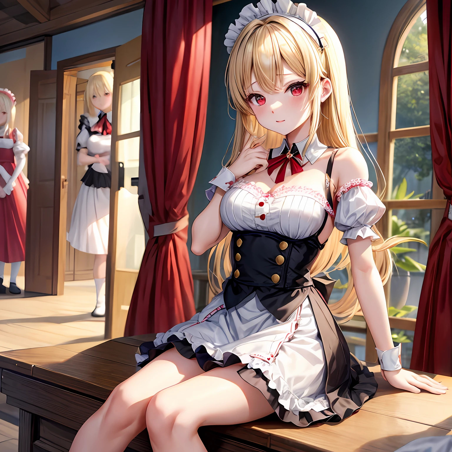 a blond、red eyes、One pretty girl、独奏、animesque、maid clothes、off shoulders、a miniskirt、A sexy、
