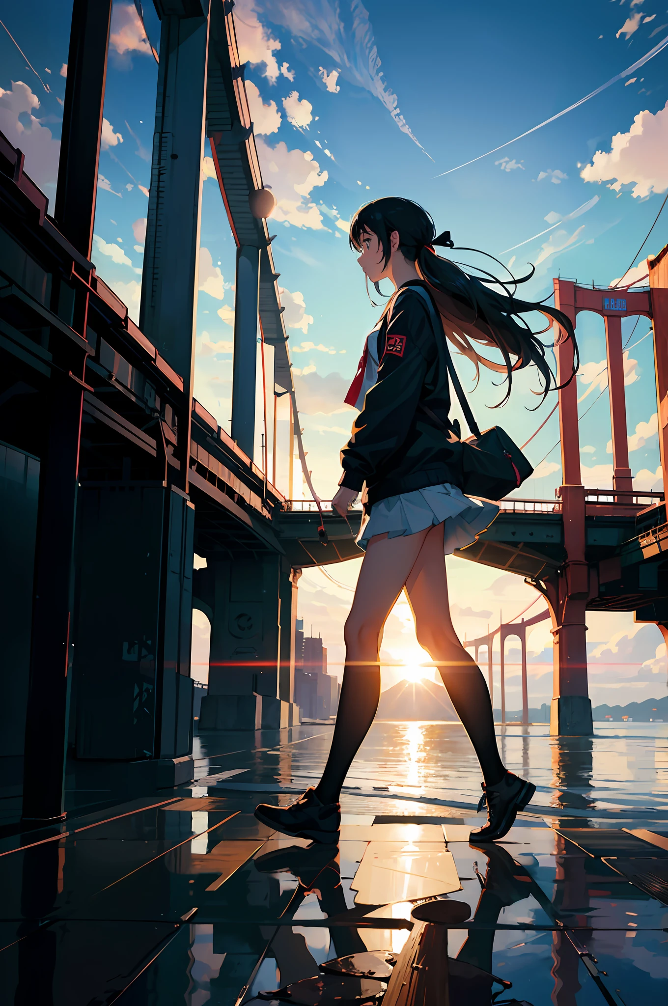 Girl from side, Walking, girl on Rainbow Bridge, from side, long shot