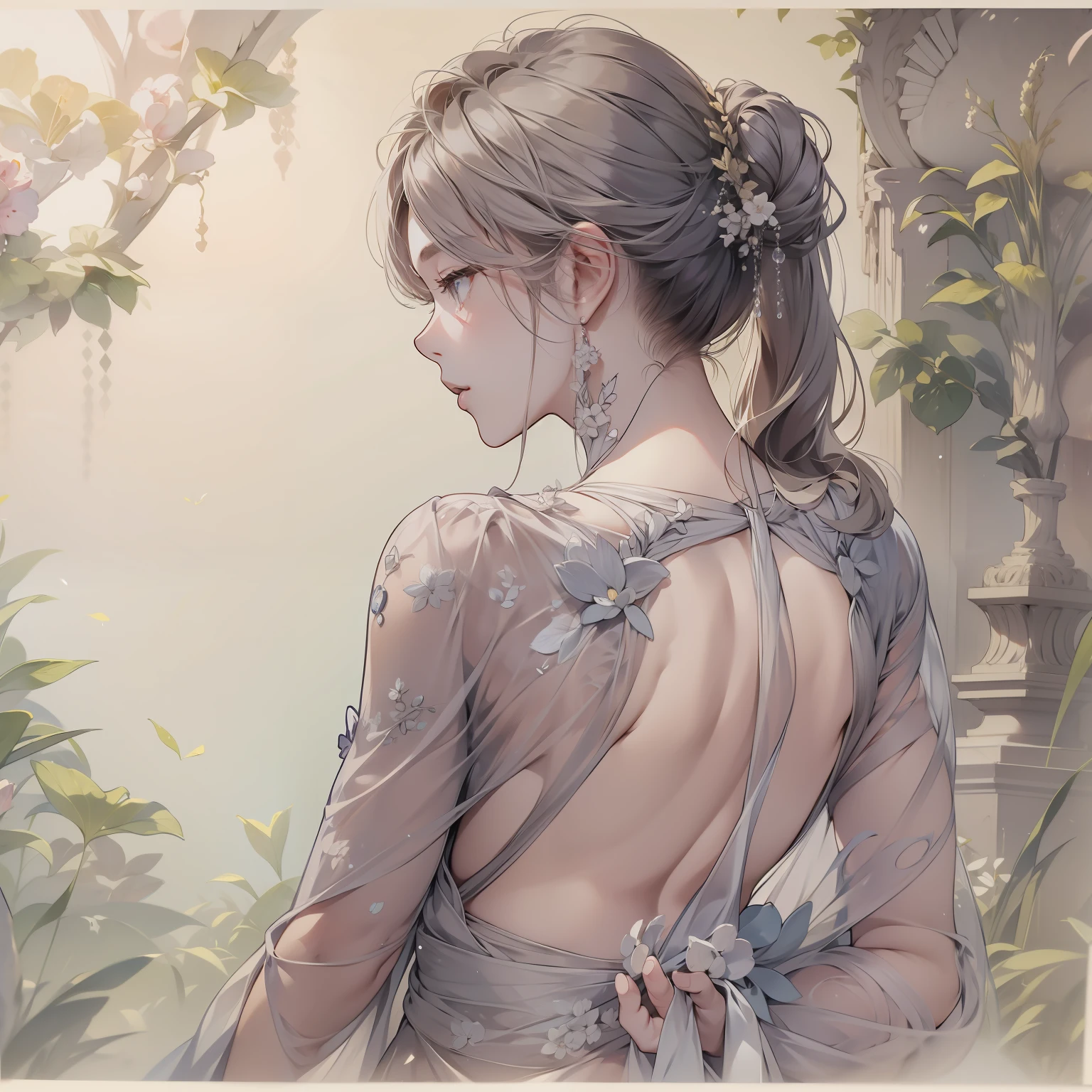 Intricate pencil drawing、裸の少女、Rear view、​masterpiece、ighly detailed、top-quality