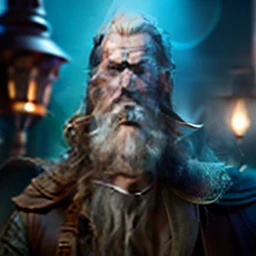A portrait of a wizard, bearded, wrinkled, weathered, with piercing eyes, detailed face, high details, photography, dark studio, rim light, Nikon D850, 50mm, f/1.4