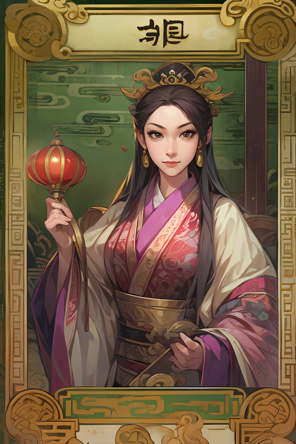 Card design、tarot cards，1female，Three Kingdoms killing style:1.2，Ancient Chinese background，A meticulous face，Clear and beautiful face，Card background、对称、Below is the UI text box，High picture quality，tmasterpiece，best qualtiy，超高分辨率