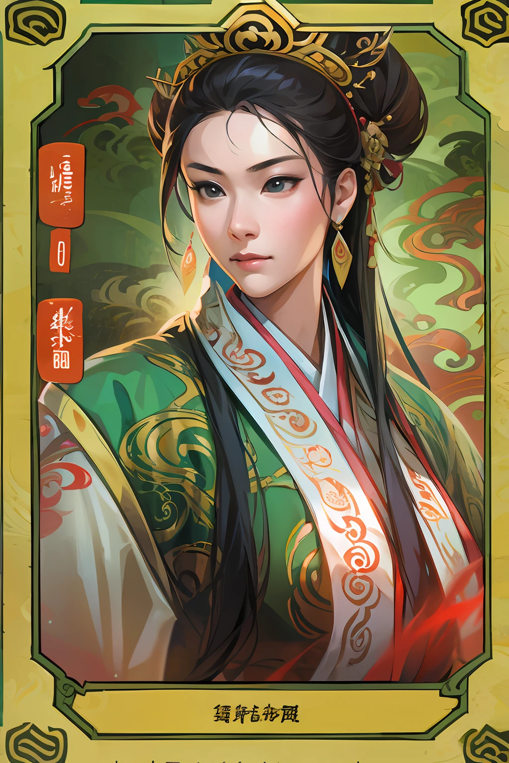 Card design、tarot cards,1female,Three Kingdoms killing style:1.2,Ancient Chinese background,A meticulous face,Clear and beautiful face,Card background、对称、Below is the UI text box,High picture quality,tmasterpiece,best qualtiy,超高分辨率
