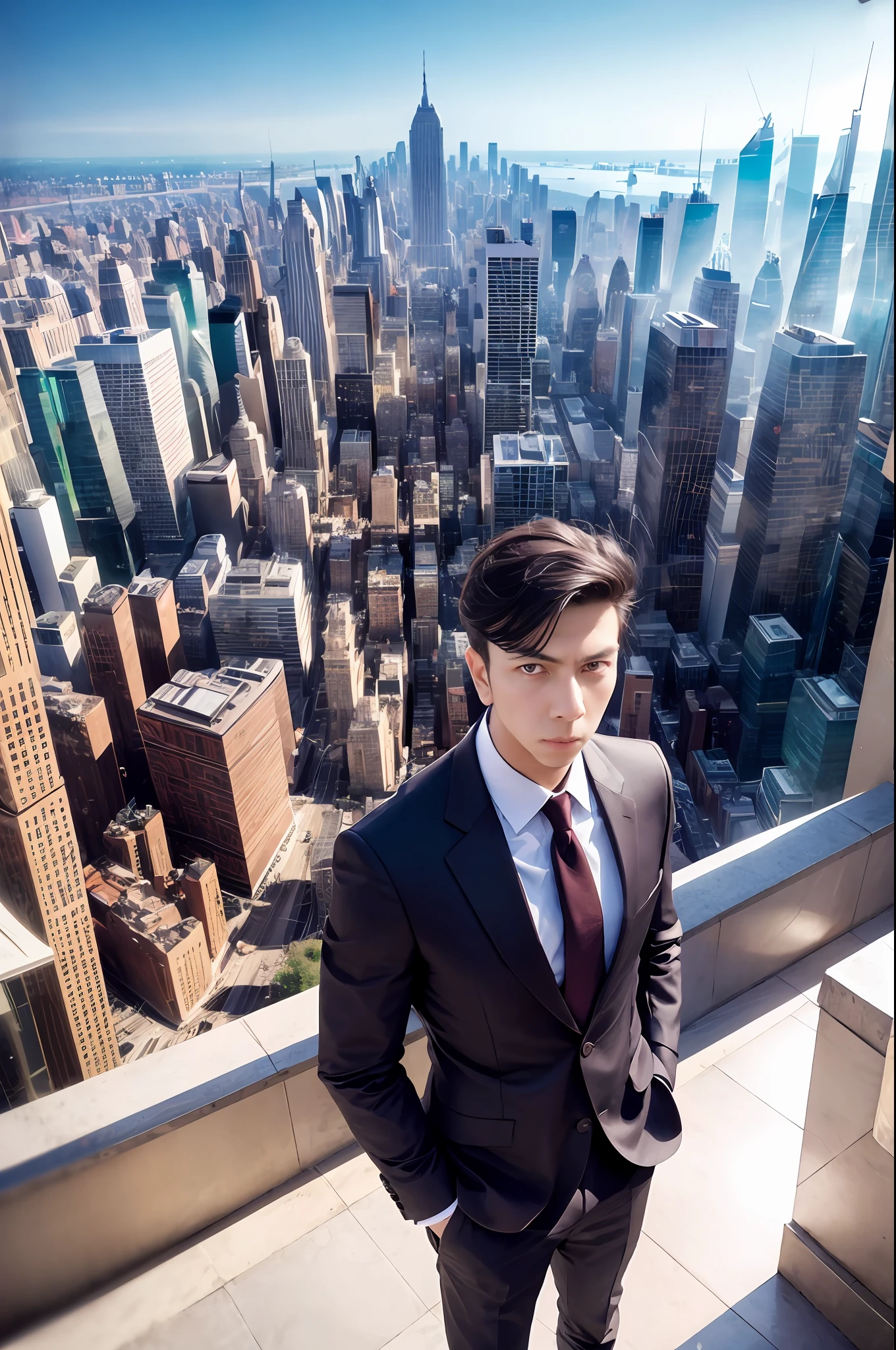 "A confident man standing tall amidst a bustling cityscape, with a hint of mystery in his captivating gaze."