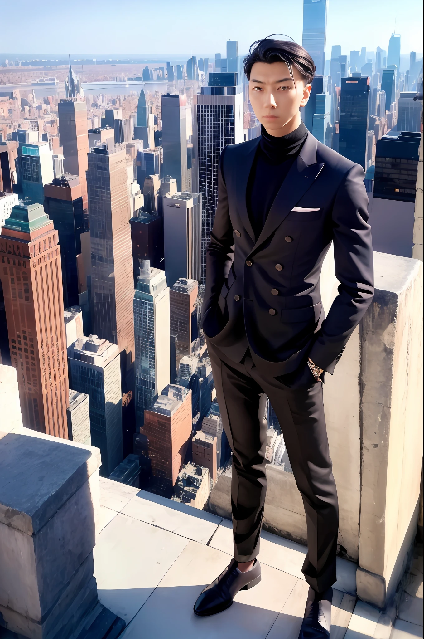 "A confident man standing tall amidst a bustling cityscape, with a hint of mystery in his captivating gaze."