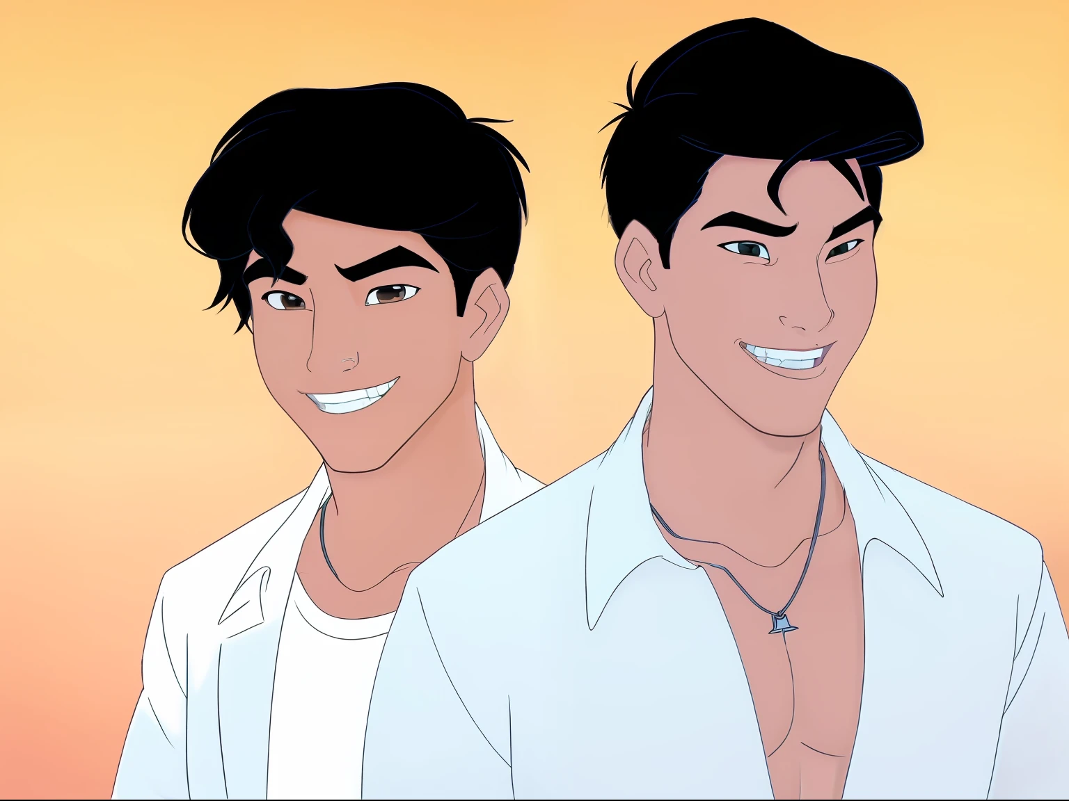 Man, , portrait, , detailed, high quality, cartoon, disney style masterpiece, best quality 1boy,walking male focus, solo, smile, , muscular male, short hair, looking at viewer, white shirt, upper body, jacket, white background, smile, open jacket, teeth, simple background, chain necklace,