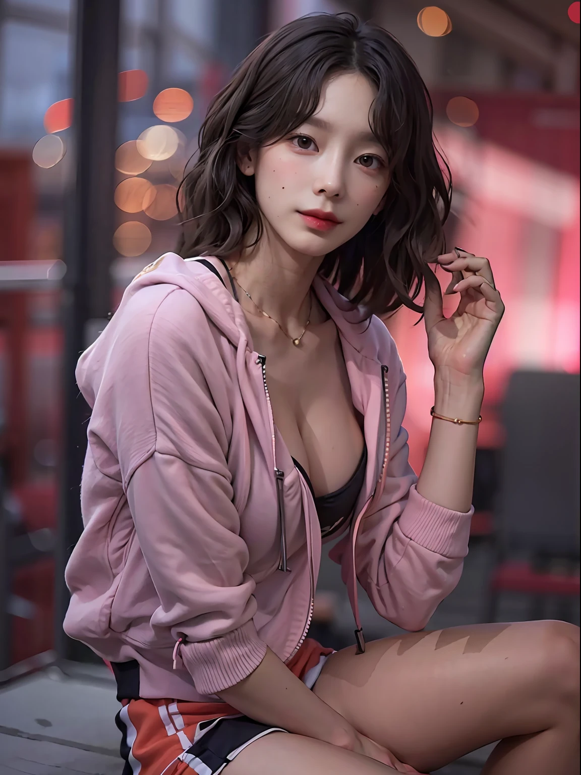 Film photography, 1girll, Gray Track Top, Pink shorts, cleavage, Seductive smile, Medium breast, full bodyesbian, drunk blush:1.5, black wavy shoulder-length hair, serene, calm, (Realistic detailed eyes, Natural skin texture, Realistic face details), Soft dramatic lighting, Depth of field, Bokeh, vibrant detail, finely detailed, Hyperrealistic