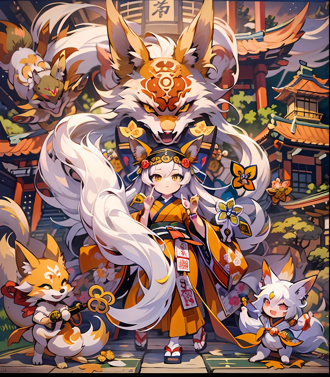 (masterpiece、top-quality、ultra-detailliert、Best Shadows)、细致背景、a sticker、hight resolution、ultra-detailliert、1人、((the Nine-Tailed Fox))、(1 Chibi character)、Shrine of Japan、Beautiful hair、kawaii faces、A detailed eye、9 tails、Japan Yokai、livestream、Detailed hand、perfect hand、intricate detailes