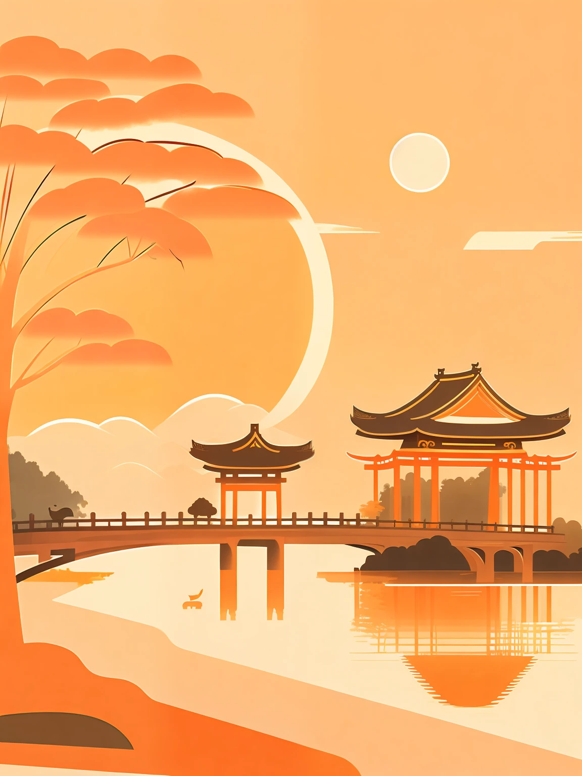 View of ancient pavilions，There is a bridge（Hangzhou style ancient bridge style），Someone is crossing the bridge，There is a pine tree in front and behind the bridge，The visual has a depth of field effect，Minimalist style，Orange shades，There is a red sun，Japanese illustration simple line design，rzminjourney，vectorial art