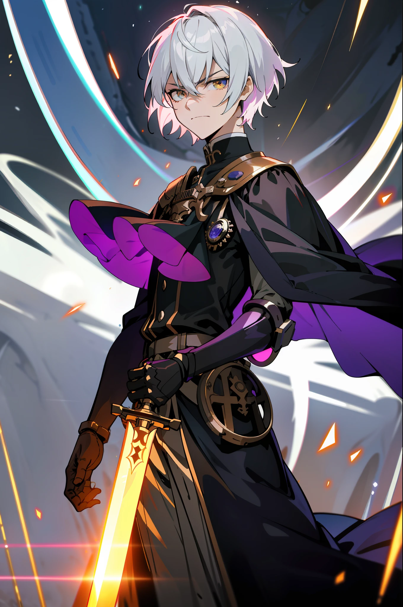 masterpiece,(bestquality),official art,extremelydetailed,(lora:epiNoiseoffset_v2:1),darkstudio, rimlighting,twotonelighting,dimlylit,lowkey,(1boy),(mature),(garregmachmonasteryuniform),(silvereyes),(sanpaku),(closedmouth),(frown),(serious),(smirk),(shorthair),(blondehair),holdingasword,Pauldrons,steampunk,mechanicalarm,knight,{cape},fireeffects,{prosthesis},Messyhair low light， llight rays， aura power， （Purple particles：1.4），（Floating particles：1.4）， Be a force， Angry eyes， looking to the front， malefocus， musculature， cinematic compositions， outside the field， bokeh， standing on your feet， full bodyesbian