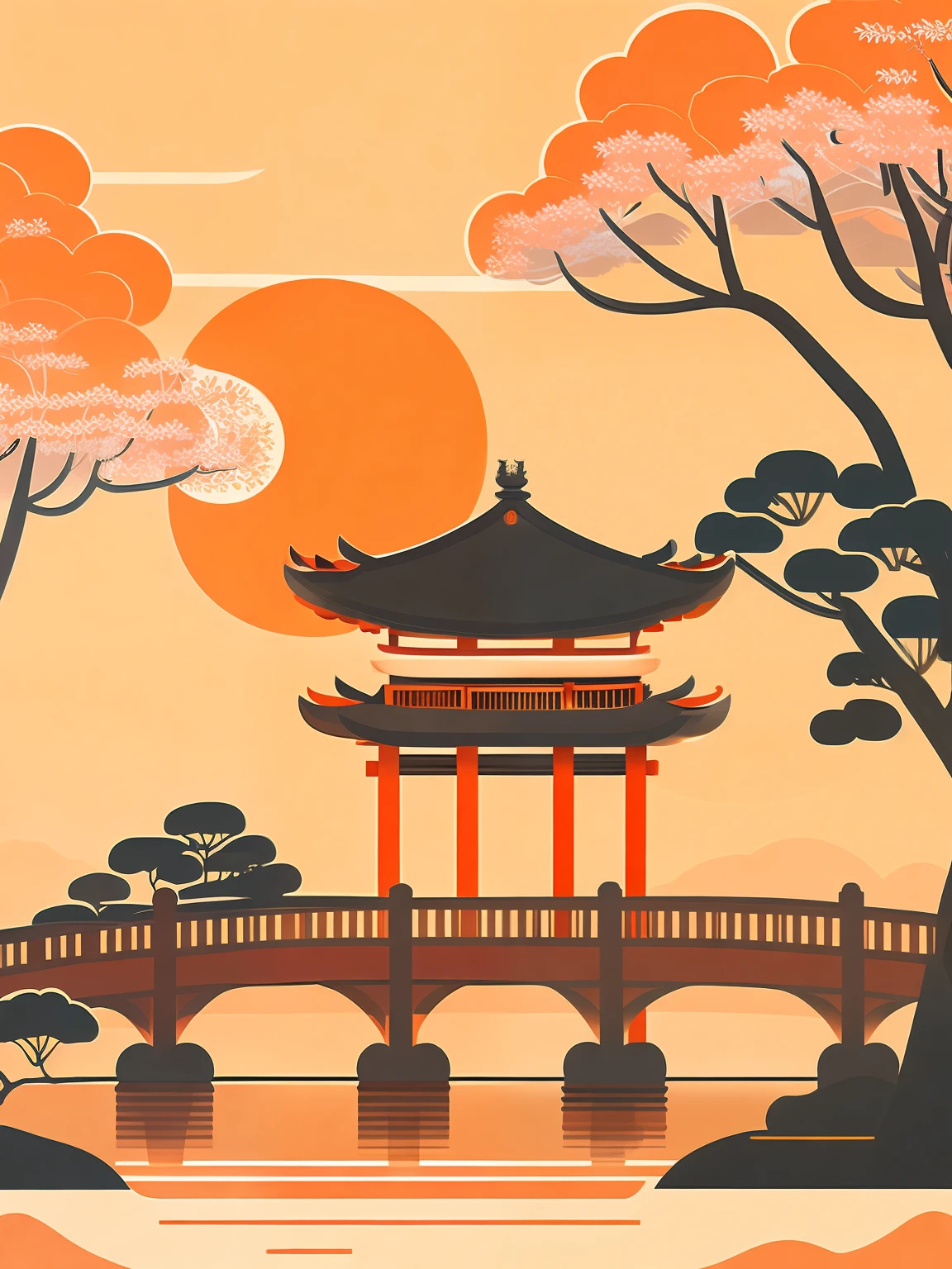 View of ancient pavilions,There is a bridge(Hangzhou style ancient bridge style),Someone is crossing the bridge,There is a pine tree in front and behind the bridge,The visual has a depth of field effect,Minimalist style,Orange shades,There is a red sun,Japanese illustration simple line design,rzminjourney,vectorial art