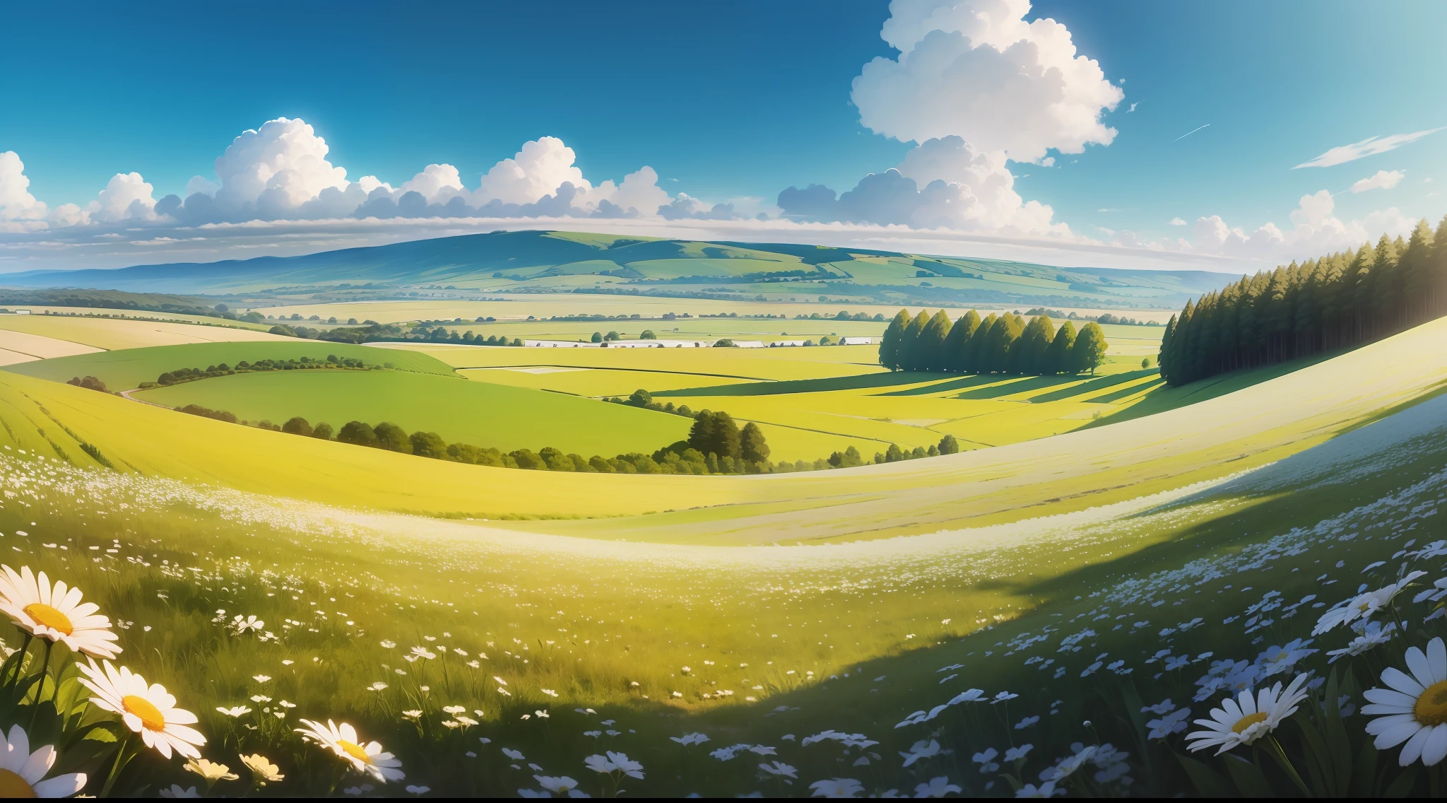 Panorama with field meadow with white spring daisies blooming against blue sky in summer, Vivid, ((Sem arvores)), ((Muitas margaridas brancas)), Epic composition, lifelike lighting, detalhes HD, obra-prima, melhor qualidade, (muito detalhado CG unificado papel de parede 8k)