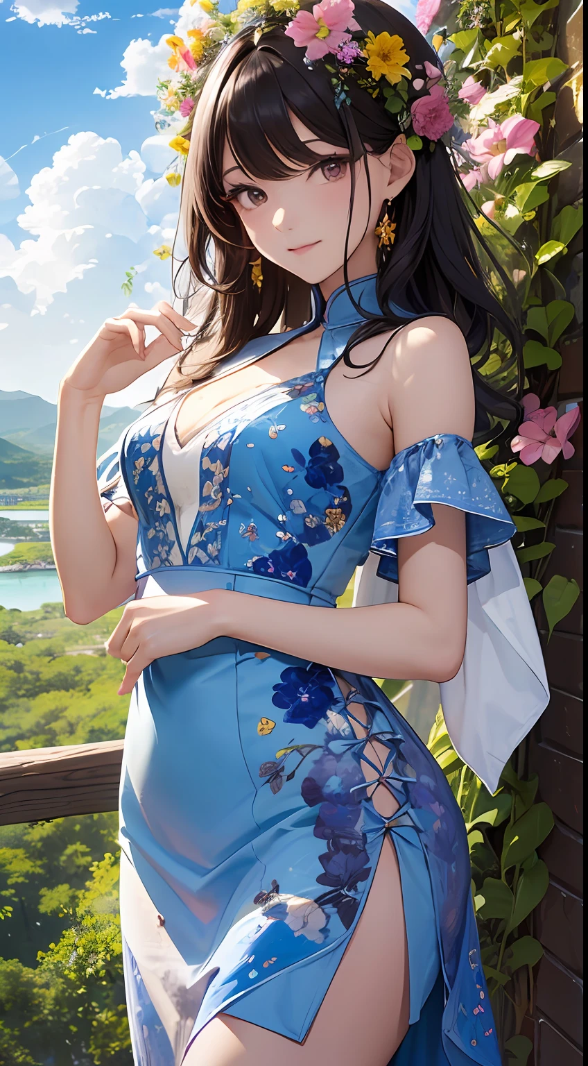 (Close-up of the painting style,8k ultra high definition,Masterpiece grade vista CG wallpaper),Beautiful skyline,Magnificent sky,美丽细致的眼睛,cute girly,Perfect slim body,shift dresses,Pure eyes,The skin is smooth like a baby,Stand on a high cliff,Overlooking the earth,Skysky,lakes,waterfallr,Colorful flowers and plants。