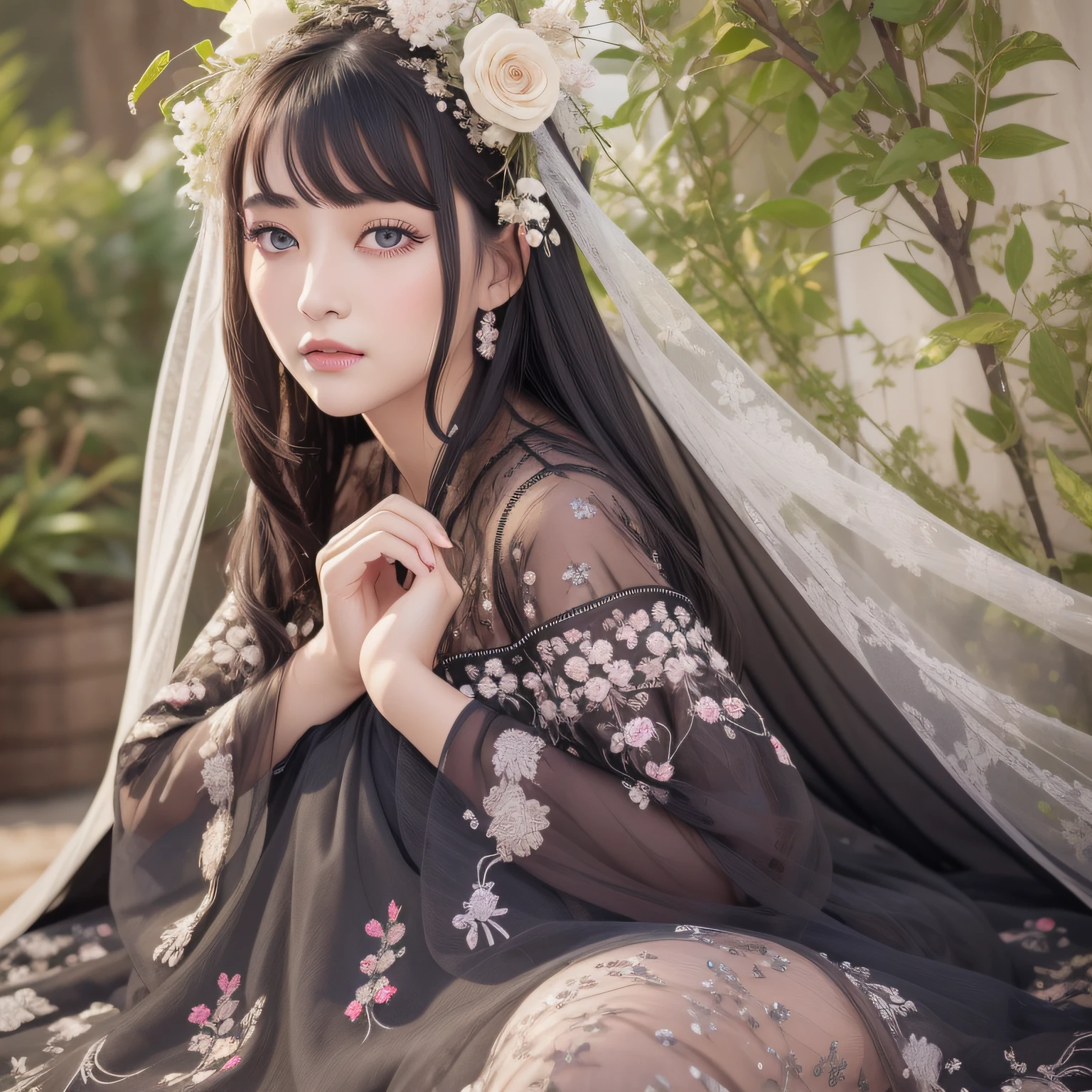 Dress embroidered with dark patterns, delicate face, a pair of beautiful eyes with watery eyes and thick eyelashes, which contains the unique charm of women, just like a plump crabapple flower,