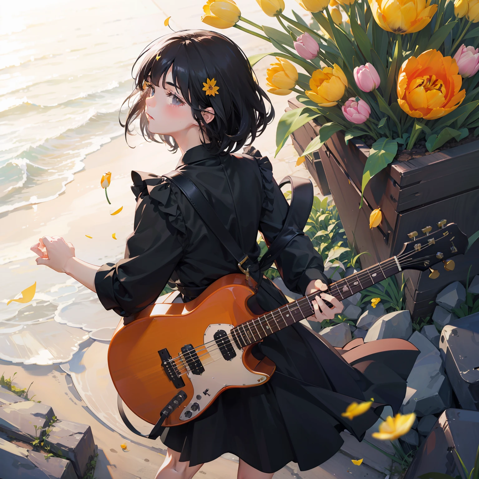 Tulip Flower Road，Kizi，Short black hair is slightly messy，black color dress，Back Shadow，Touch the right chord，Carrying a guitar on his back，ventania，rays of sunshine，tulips，cinematic ligh，8k，guitar