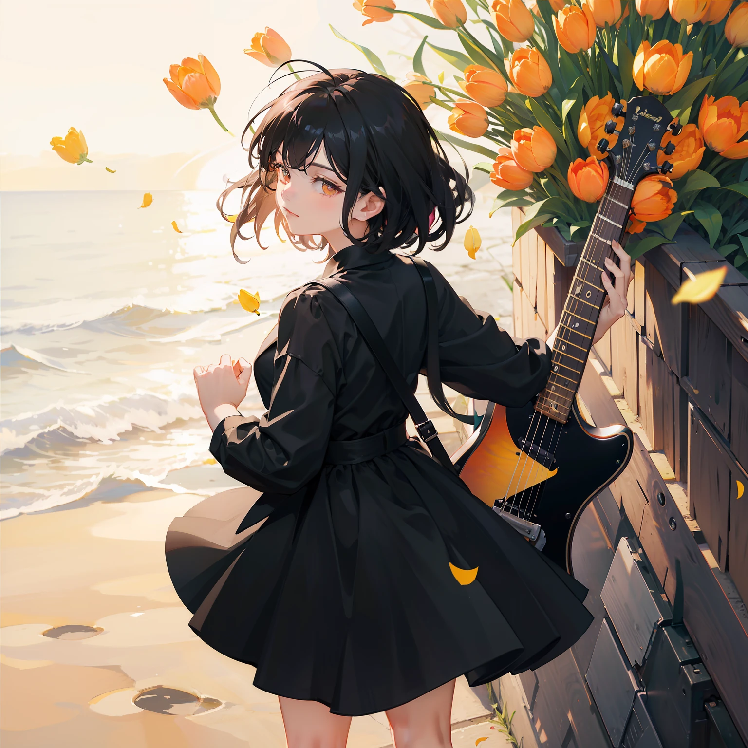 Tulip Flower Road,Kizi,Short black hair is slightly messy,black color dress,Back Shadow,Touch the right chord,Carrying a guitar on his back,ventania,rays of sunshine,tulips,cinematic ligh,8k,guitar