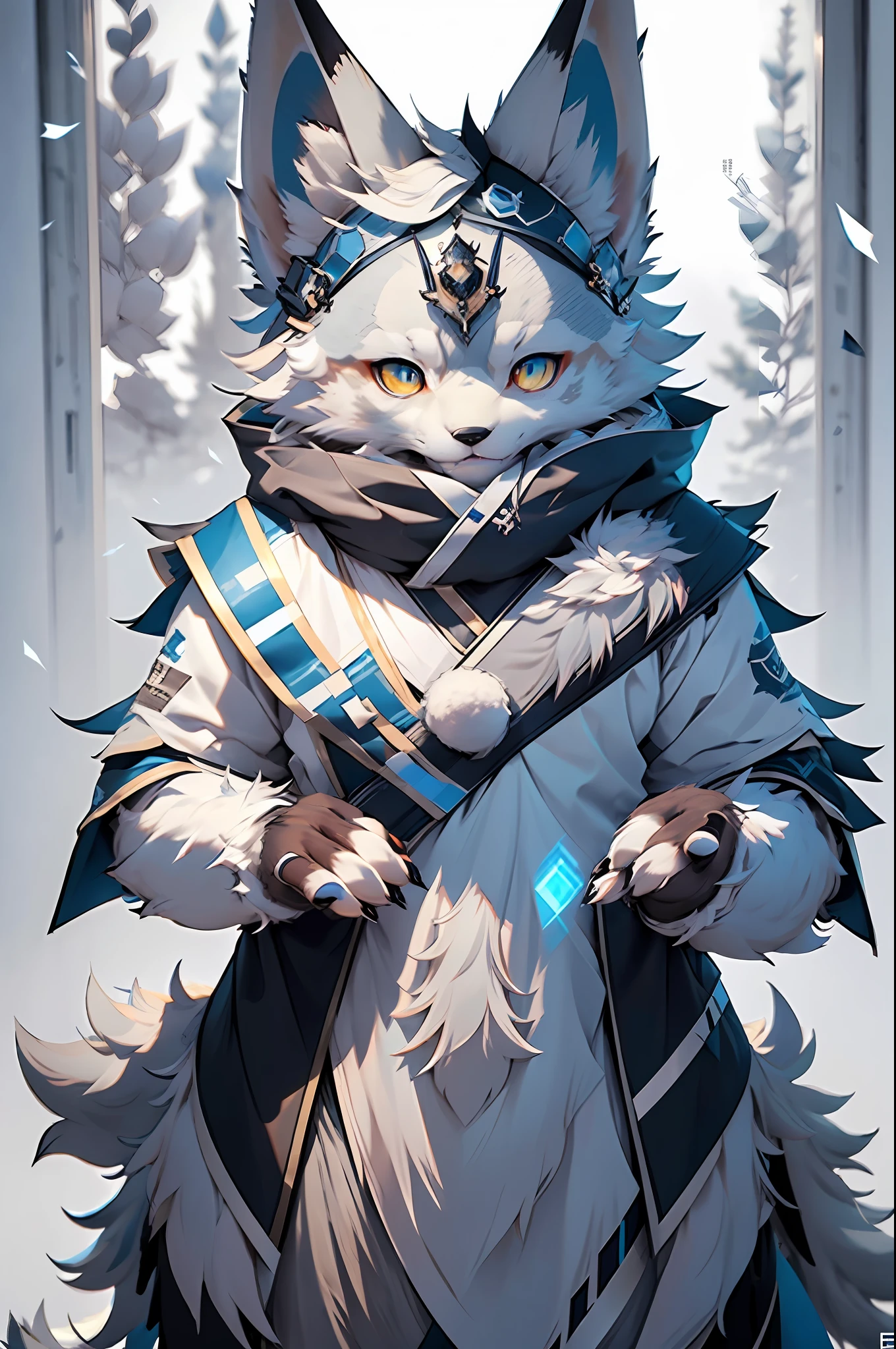 High detail,hyper qualit,high resolution,1080p,独奏,Furry,Male arctic fox，Gray fur，Gray skin,Gray ears,blue color eyes,sharp talons,(Fluffy tail:1.2),Being in the room，natural  lightting，detailedbackground