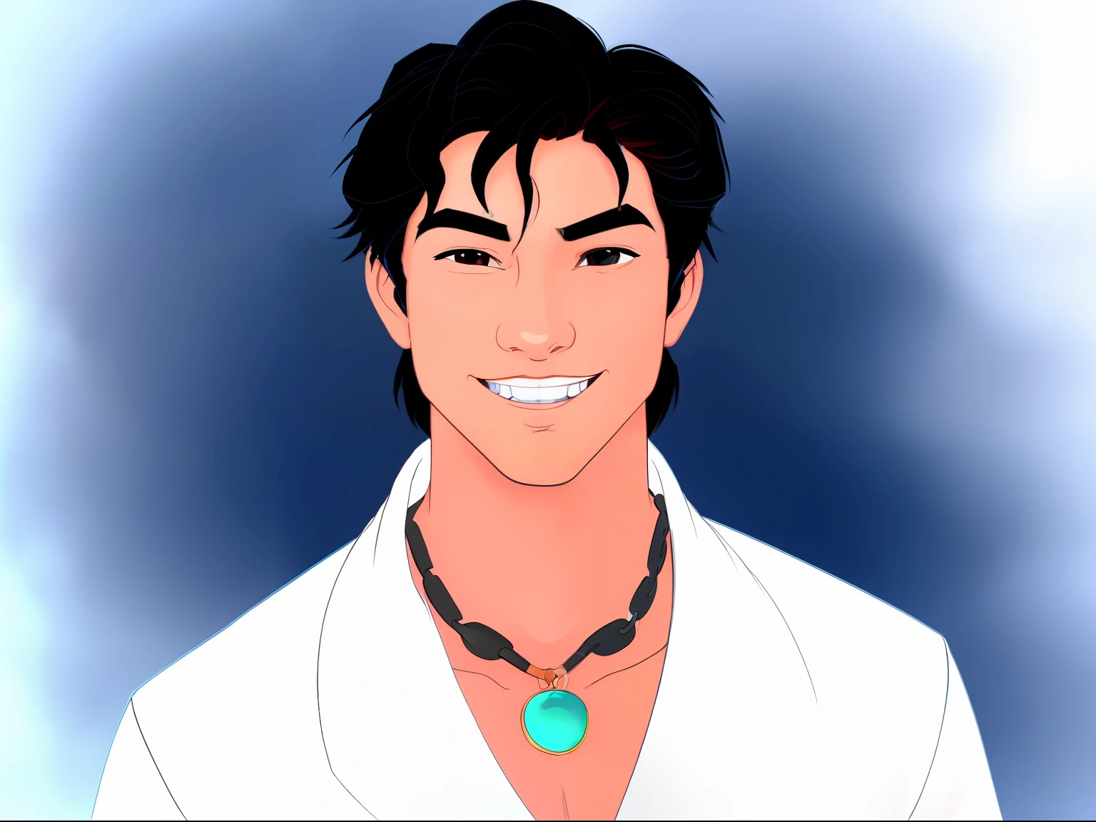 Man, , portrait, , detailed, high quality, cartoon, disney style masterpiece, best quality 1boy,walking male focus, solo, smile, , muscular male, short hair, looking at viewer, white shirt, upper body, jacket, white background, smile, open jacket, teeth, simple background, chain necklace,