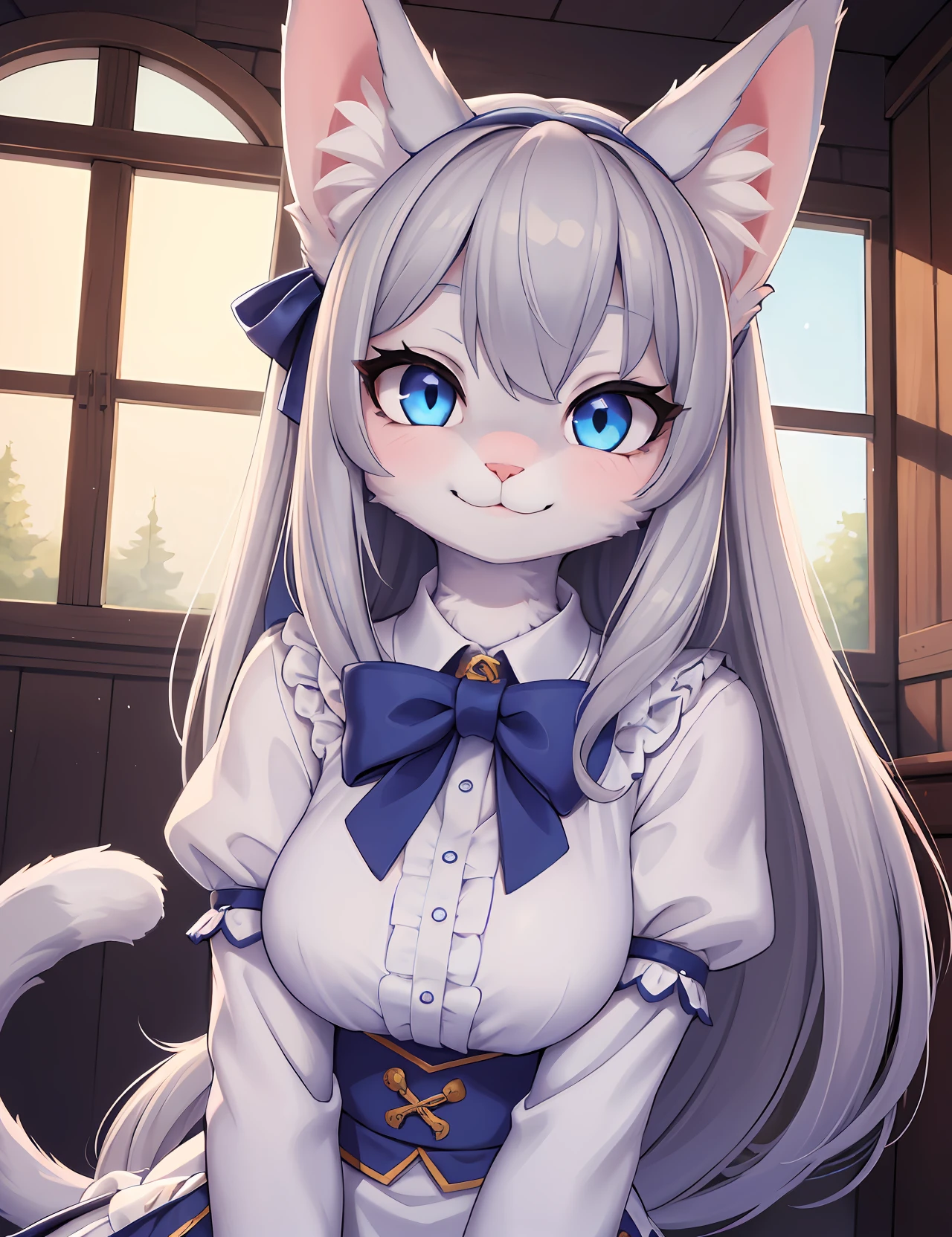 hi res), ((masterpiece)) , ((best quality)), illustration, furry, cat, animal ears, tail, bodyfur, 1girl, POV, upper body, 1girl, solo, long hair, gray hair, *//*, blue eye, *//*, white blouse, looking at viewer, smile,