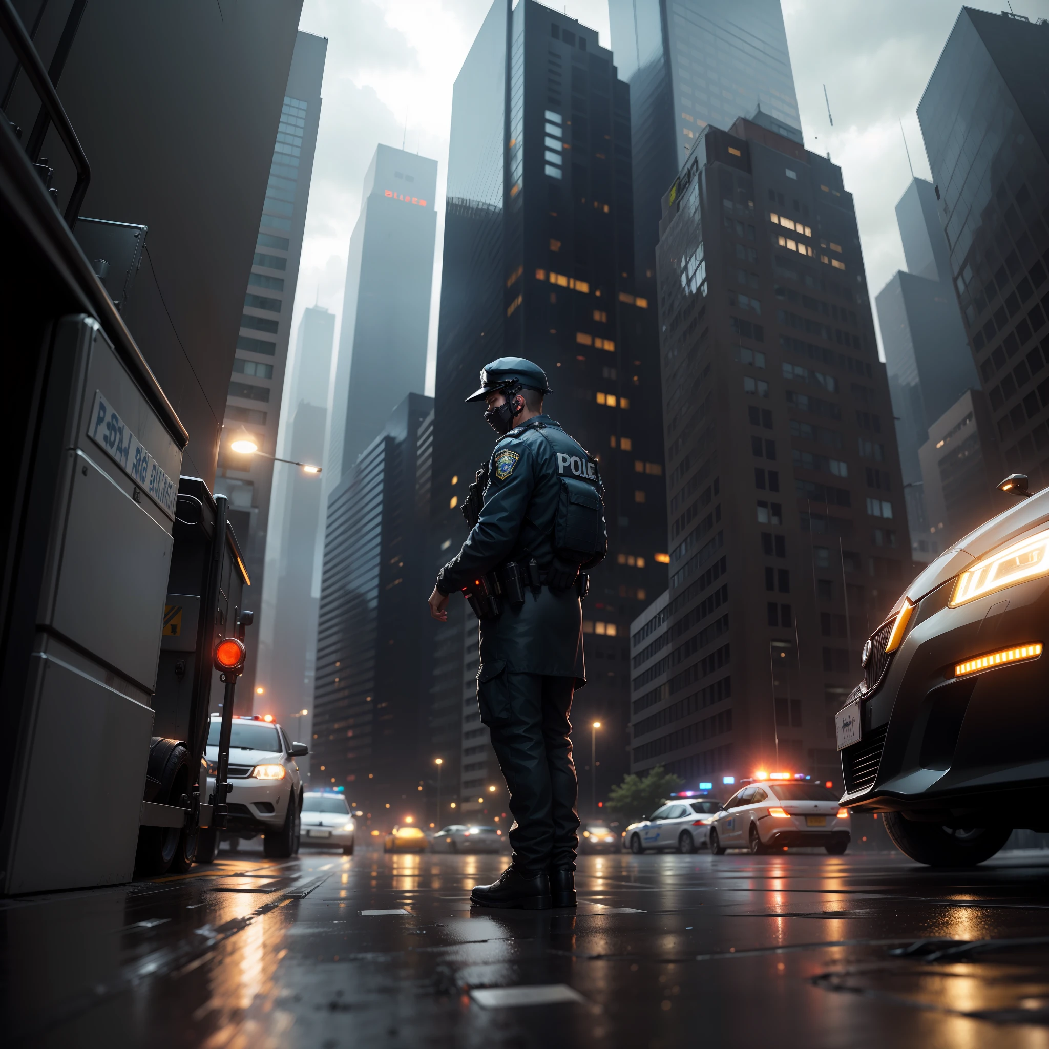The police are well equipped,Blockade of high-rise buildings,Rainy weather in the morning,The ground reflects light,There are a large number of police cars,cyber punk style,There were onlookers